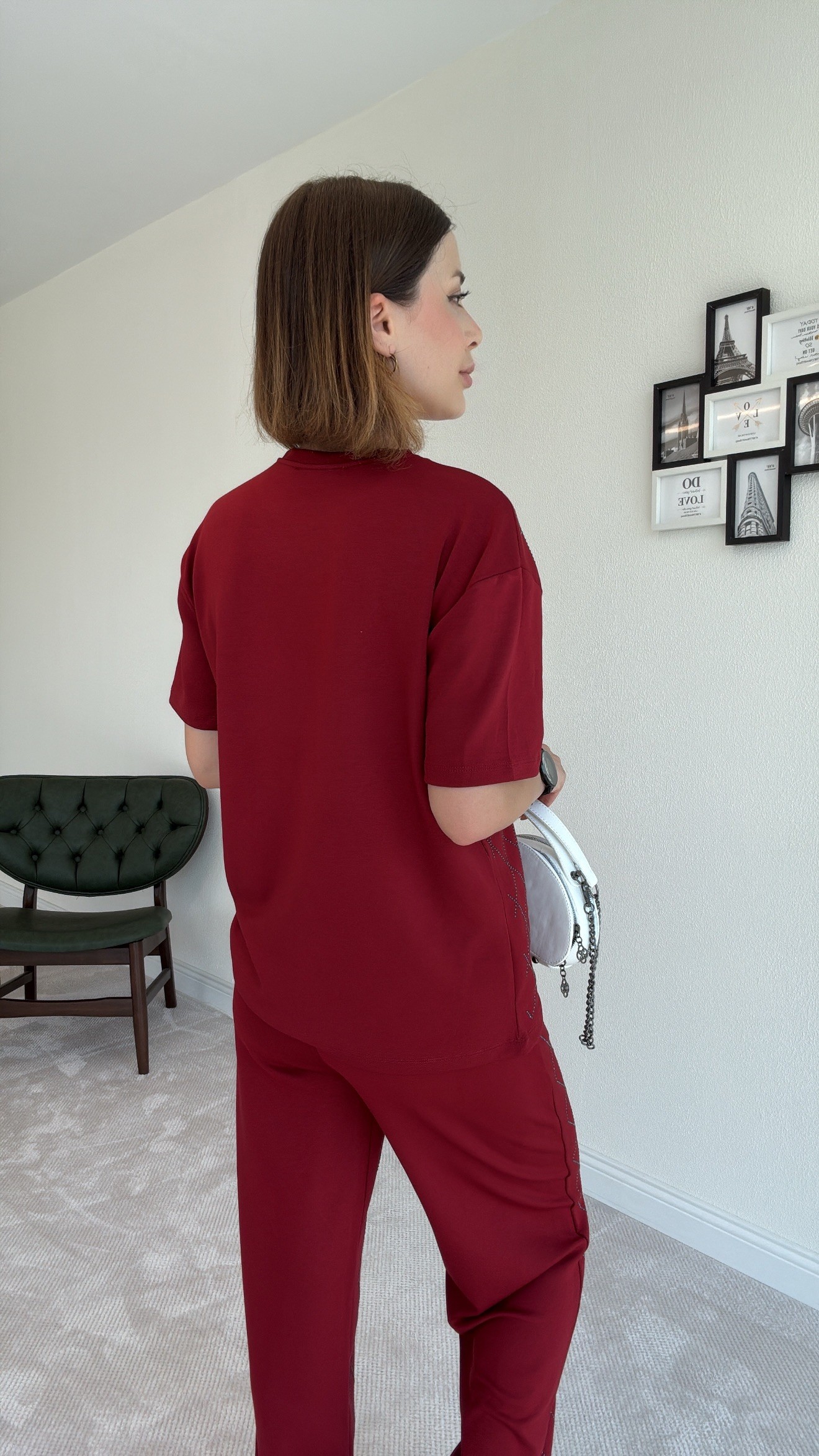 Desenli Taşlı Premium Takım - BORDO