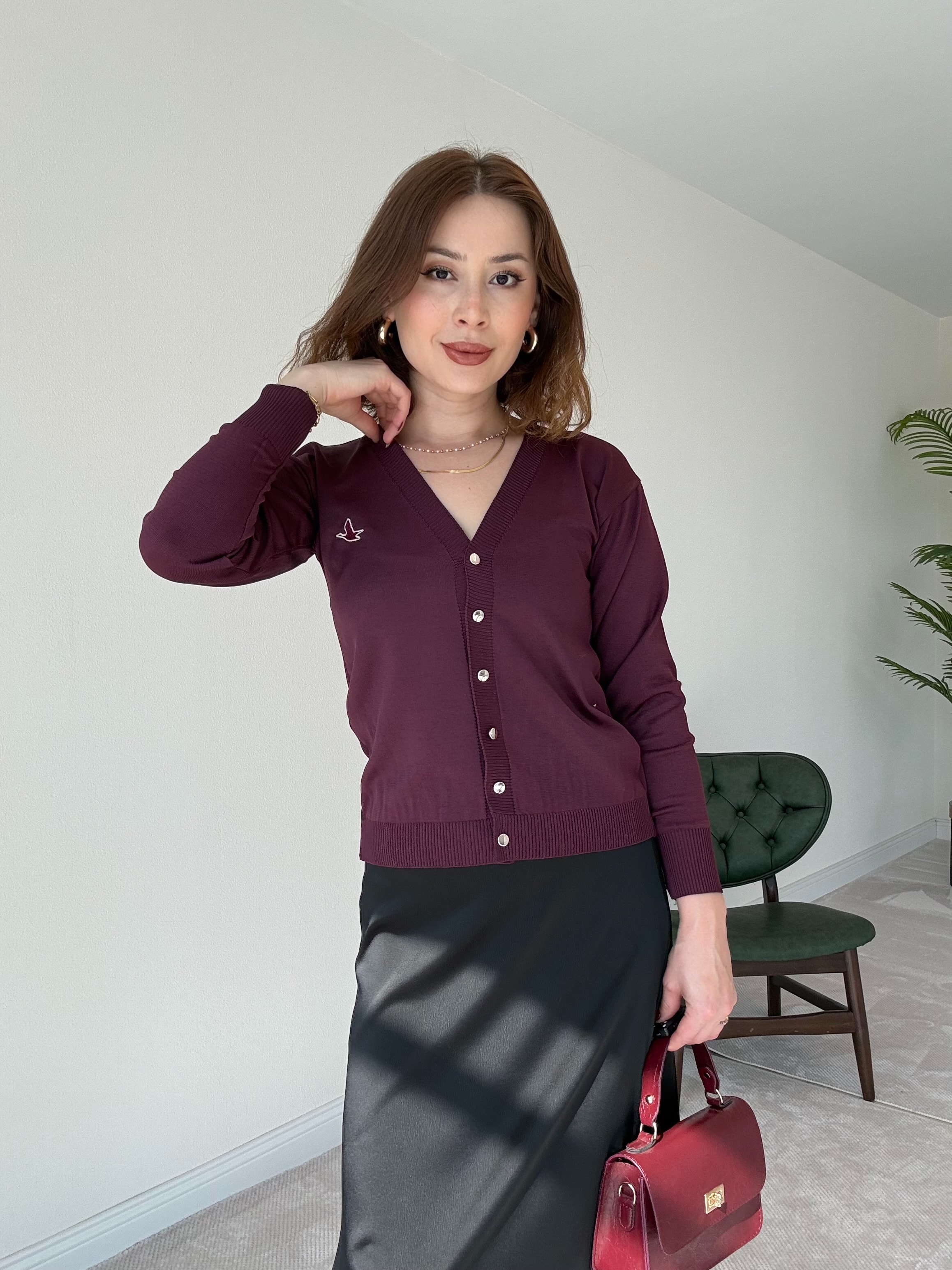 Kuş İşleme Triko Hırka - BORDO