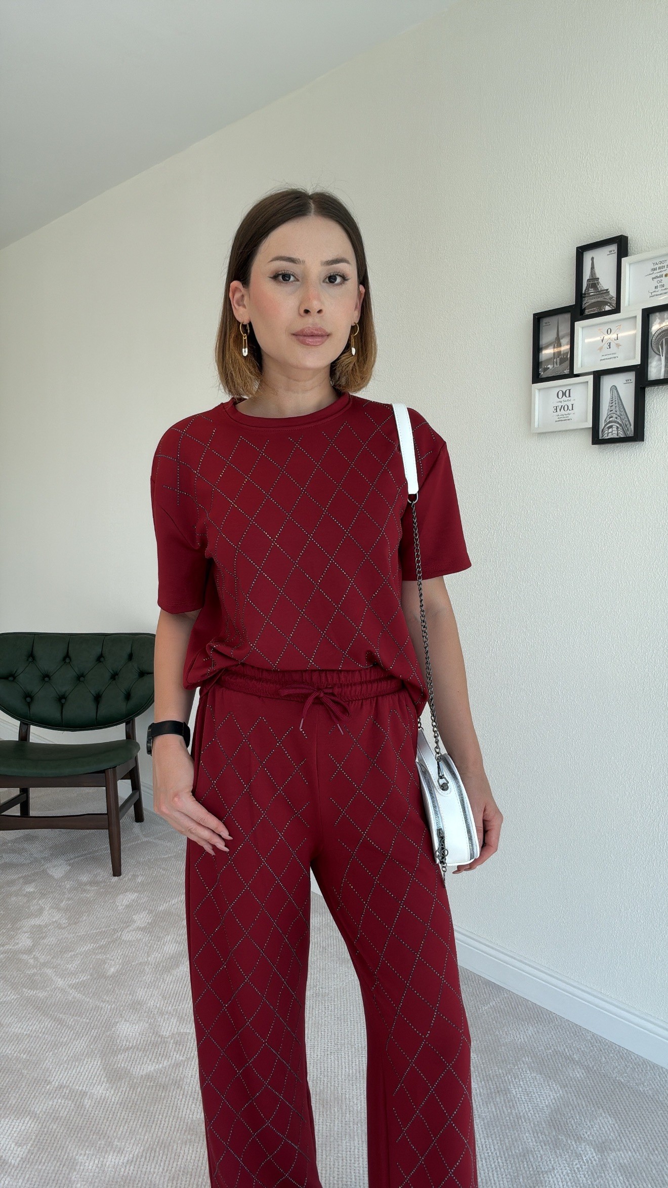 Desenli Taşlı Premium Takım - BORDO