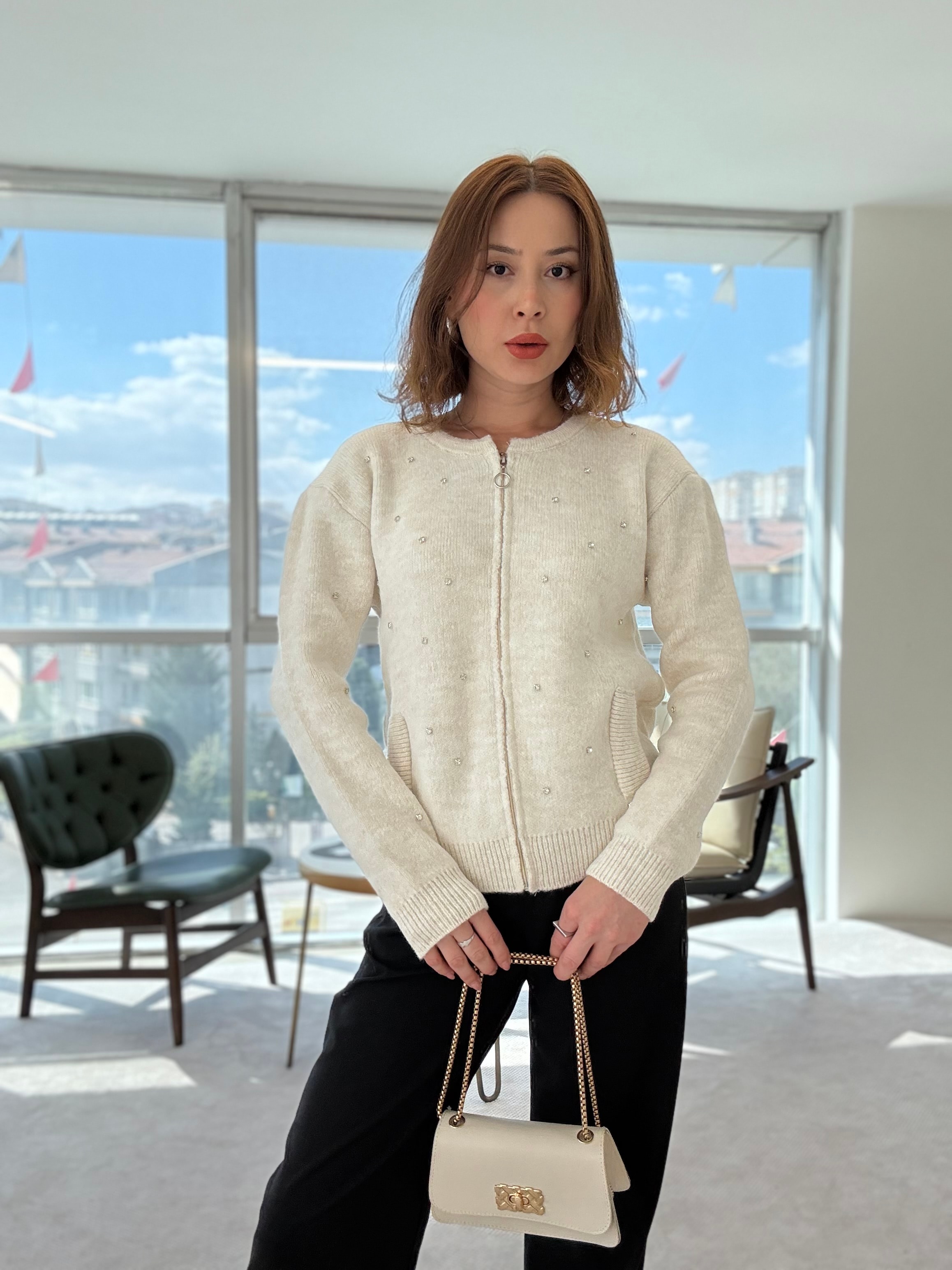 Fermuarlı Taşlı Premium Ceket - BEJ