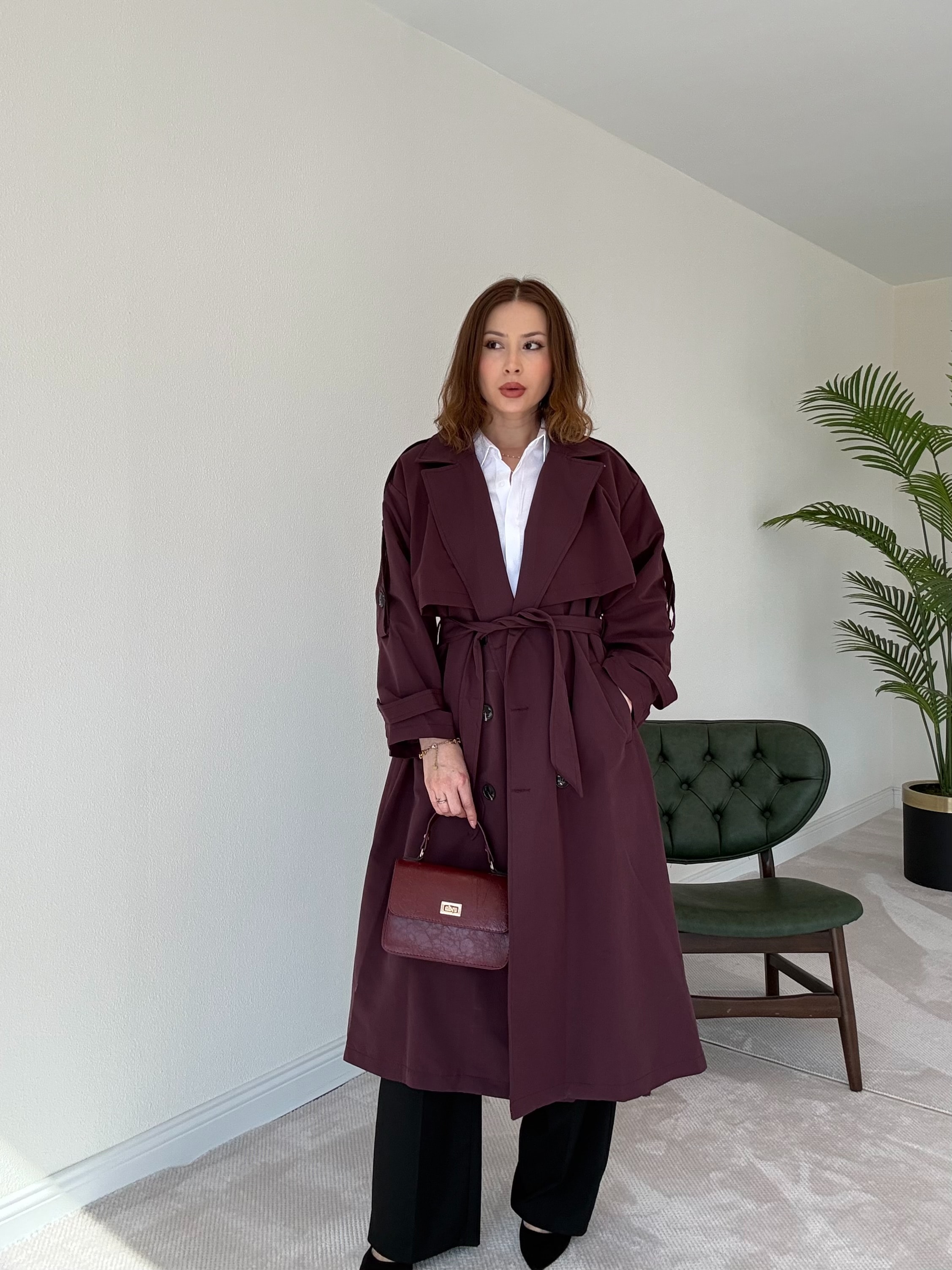 Premium Astarlı Oversize Trench Kot - BORDO