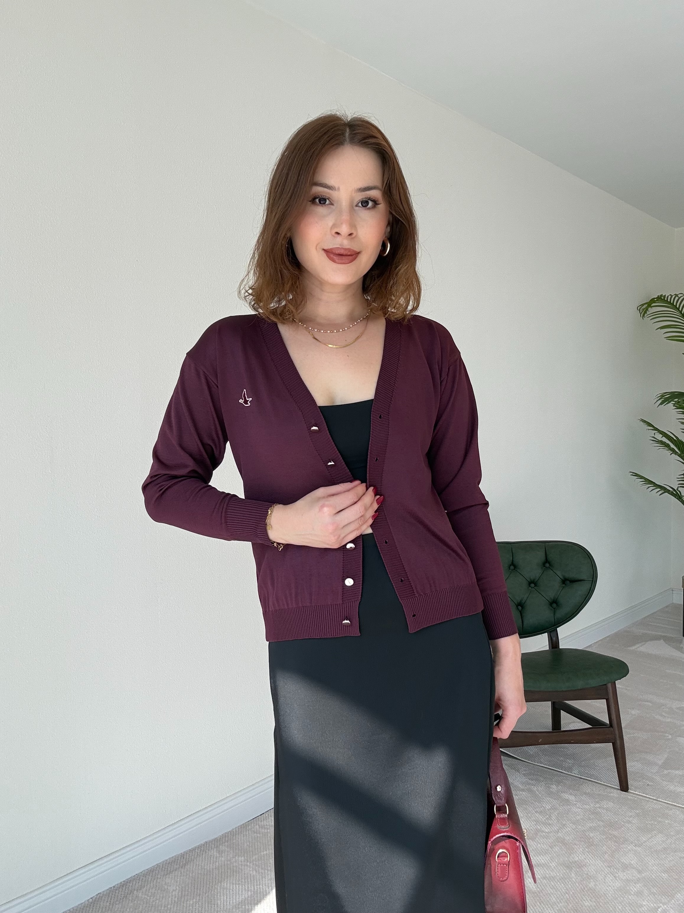 Kuş İşleme Triko Hırka - BORDO