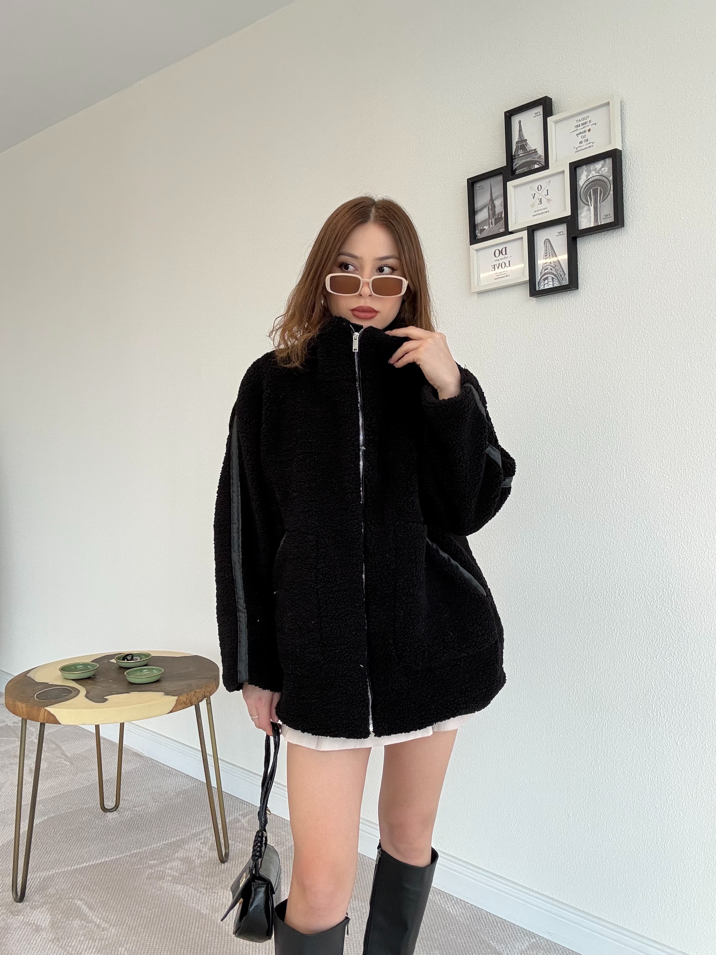 Oversize Peluş Mont - SİYAH