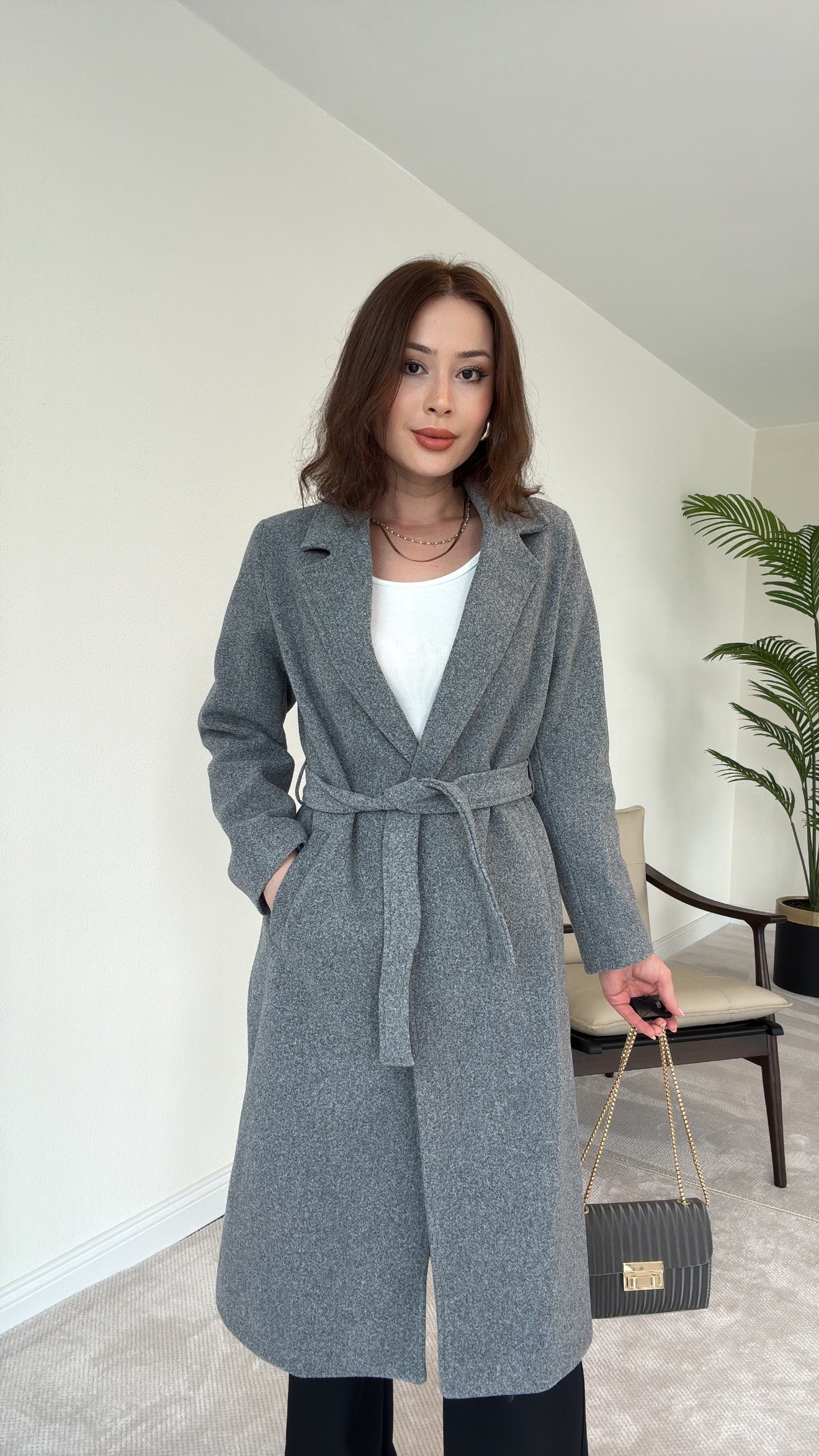 Astarlı Boyfriend Kaşe Kaban - GRİ