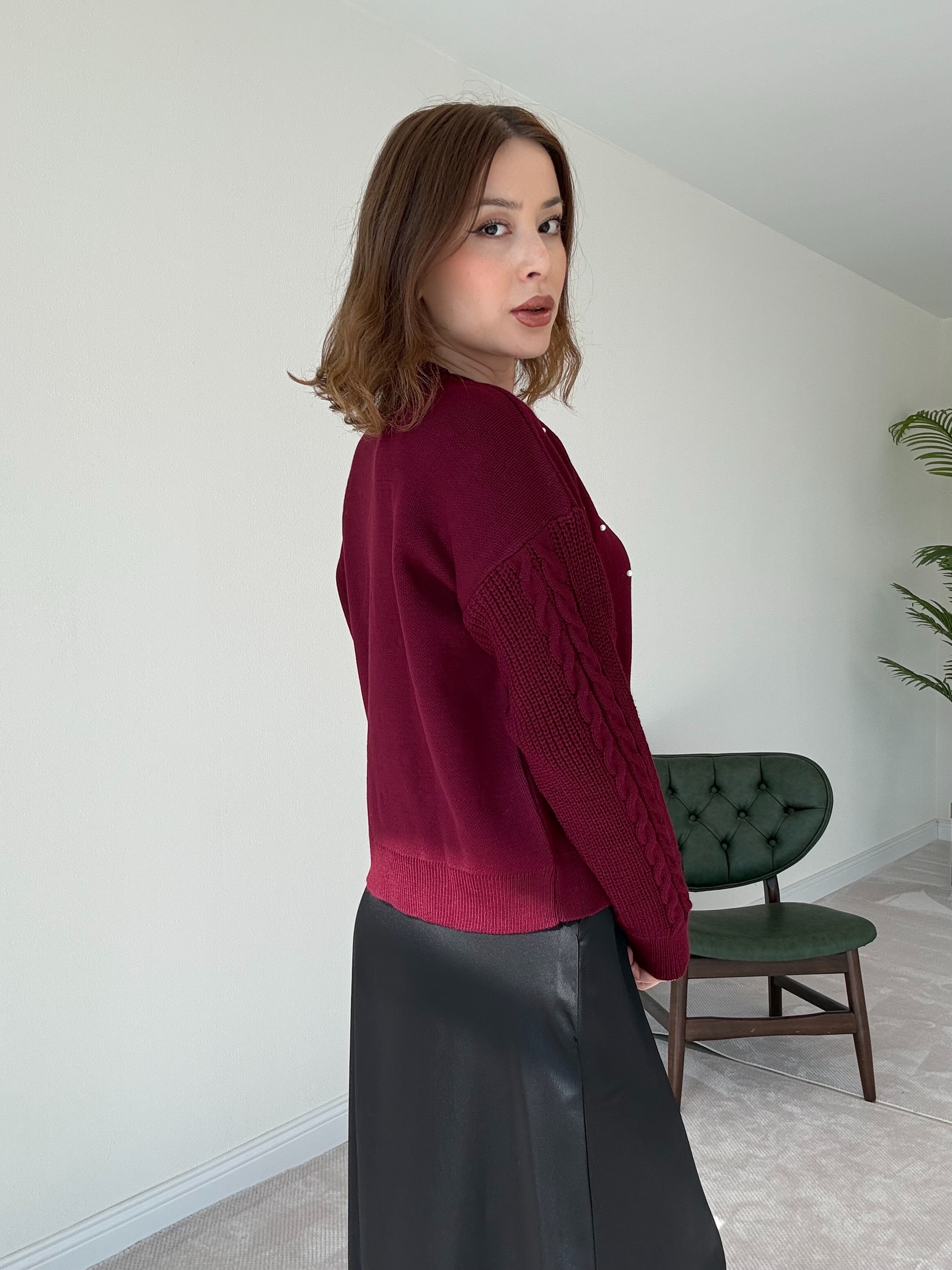 Taşlı Örgü Kazak -  BORDO