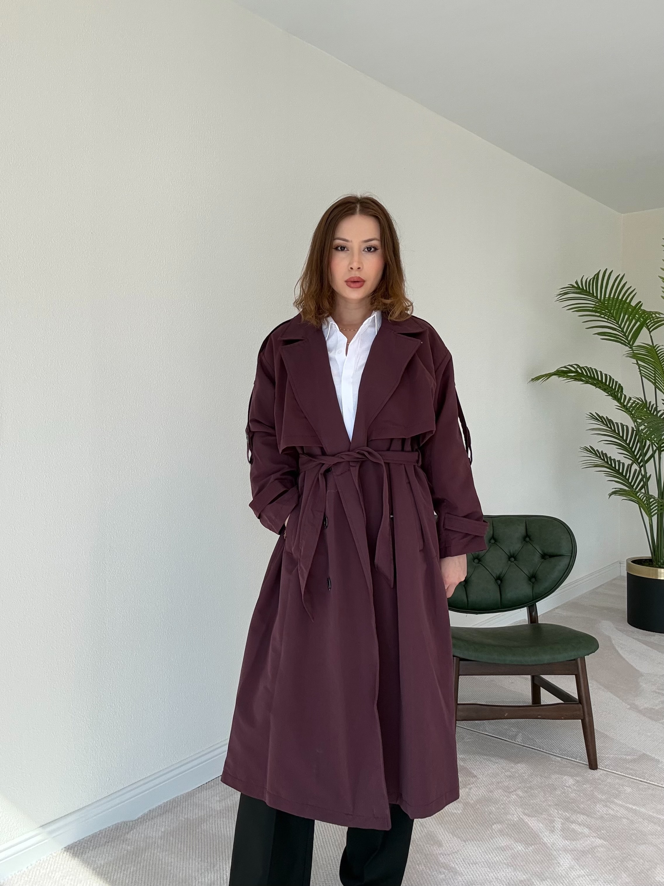 Premium Astarlı Oversize Trench Kot - BORDO