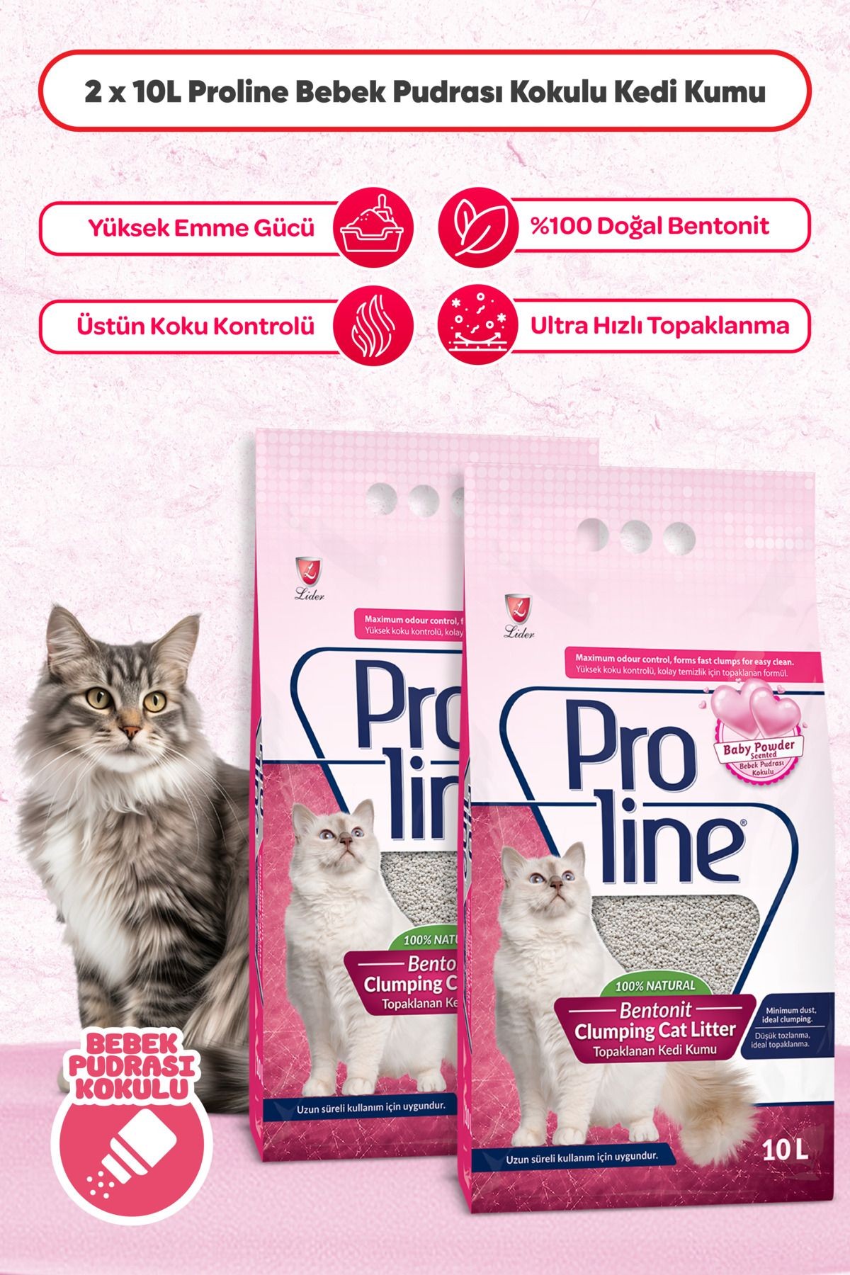Proline Bebek Pudra Kokulu Ince Tane Topaklanan Kedi Kumu 10 Lt X 2 Adet