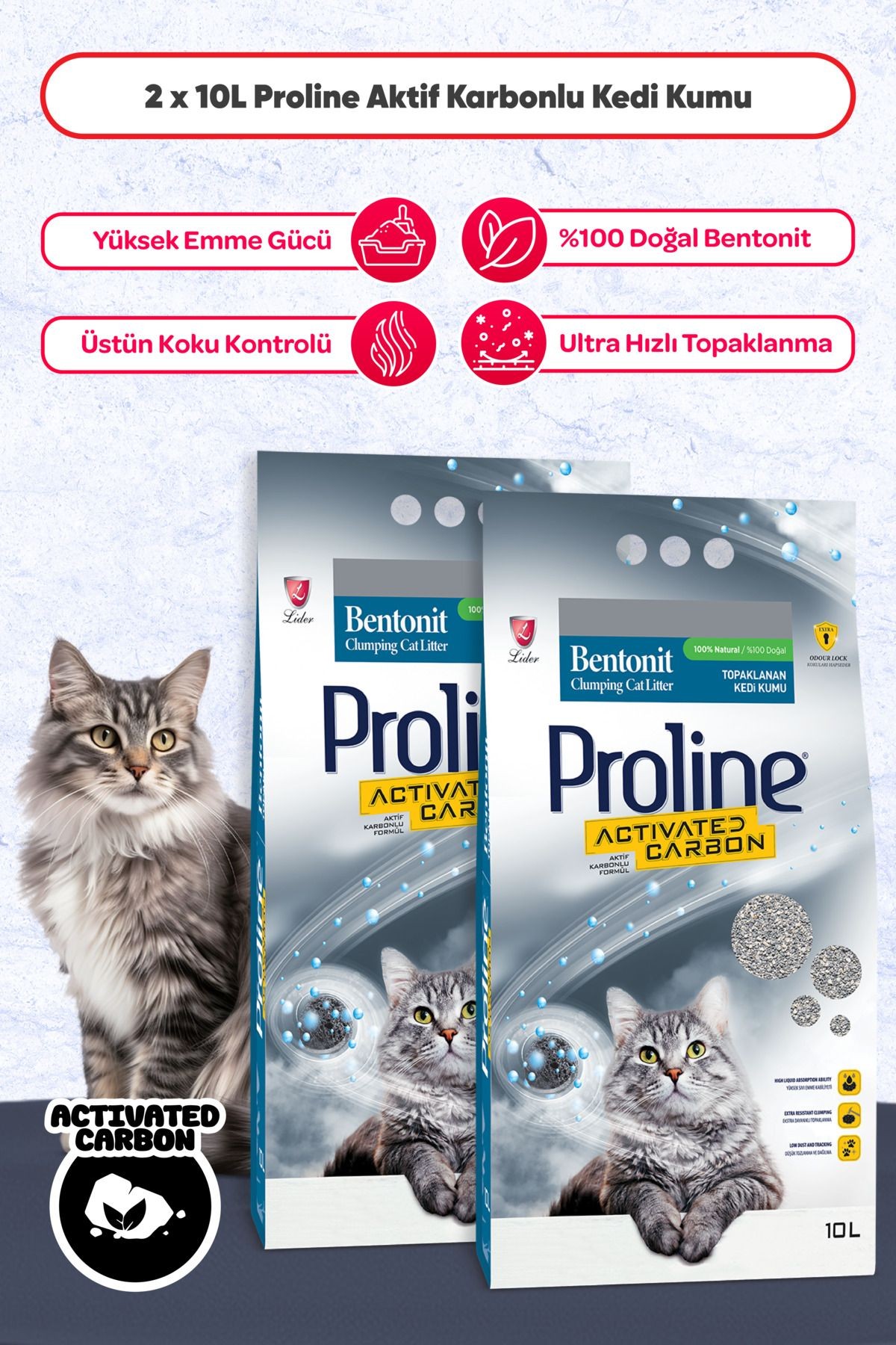 PROLİNE AKTİF KARBONLU KEDİ KUMU 10 LT*2 ADET