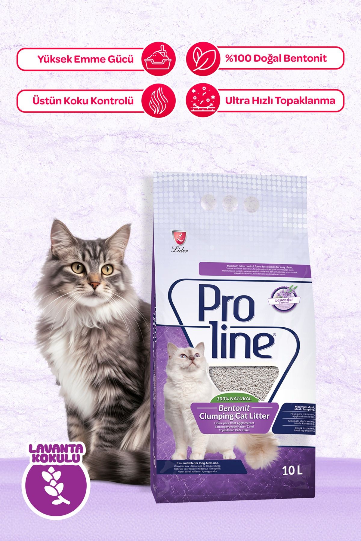 Proline Lavanta Bentonit ince taneli Kedi Kumu 10 Lt