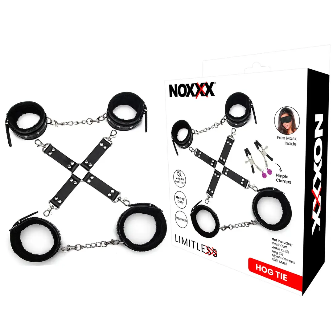 NOXXX Hog Tie Bondage Set | Includes Nipple Clamps & Blindfold