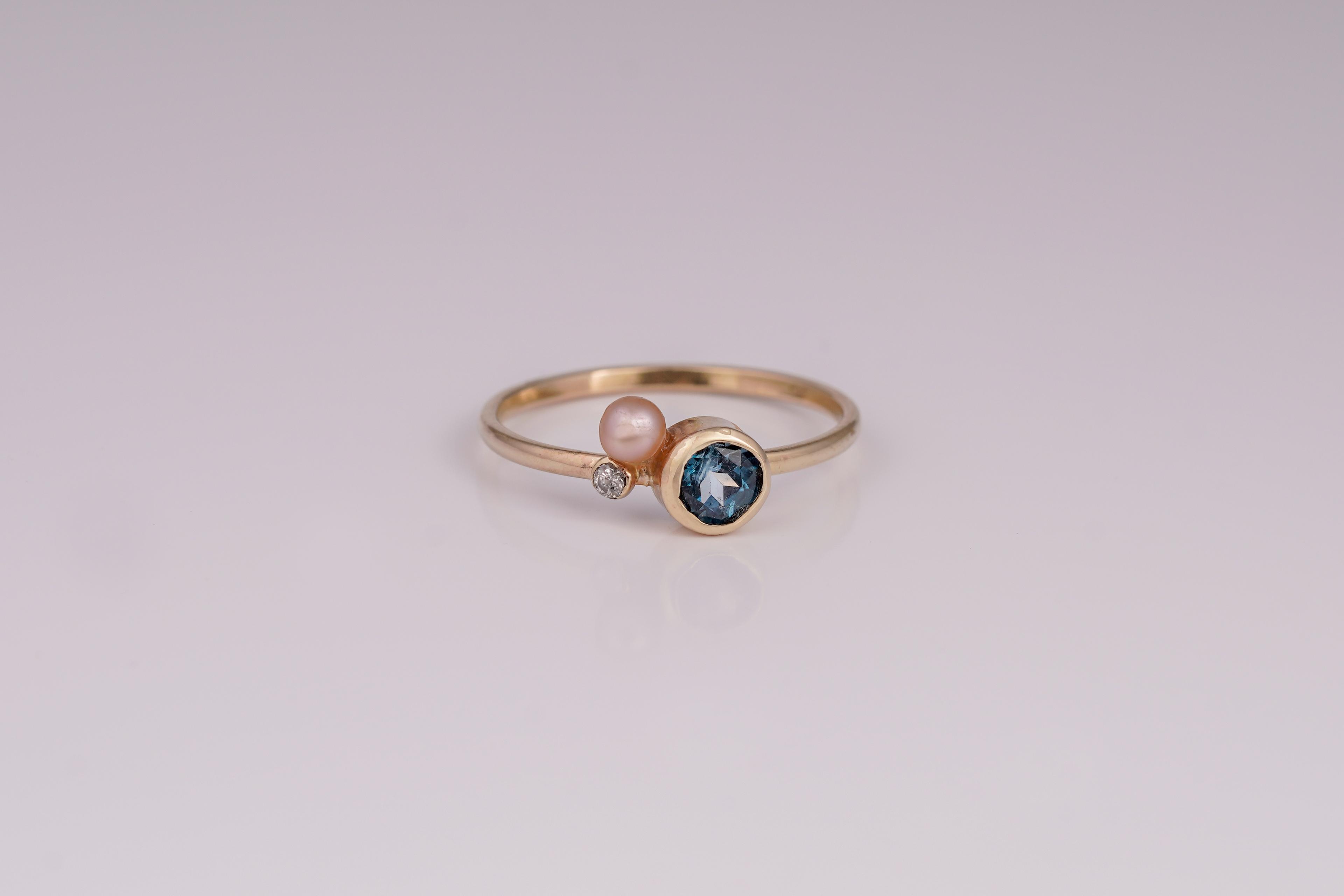 14 Ayar Altın London Blue Topaz Taşlı Pırlanta ve İnci Yüzük
