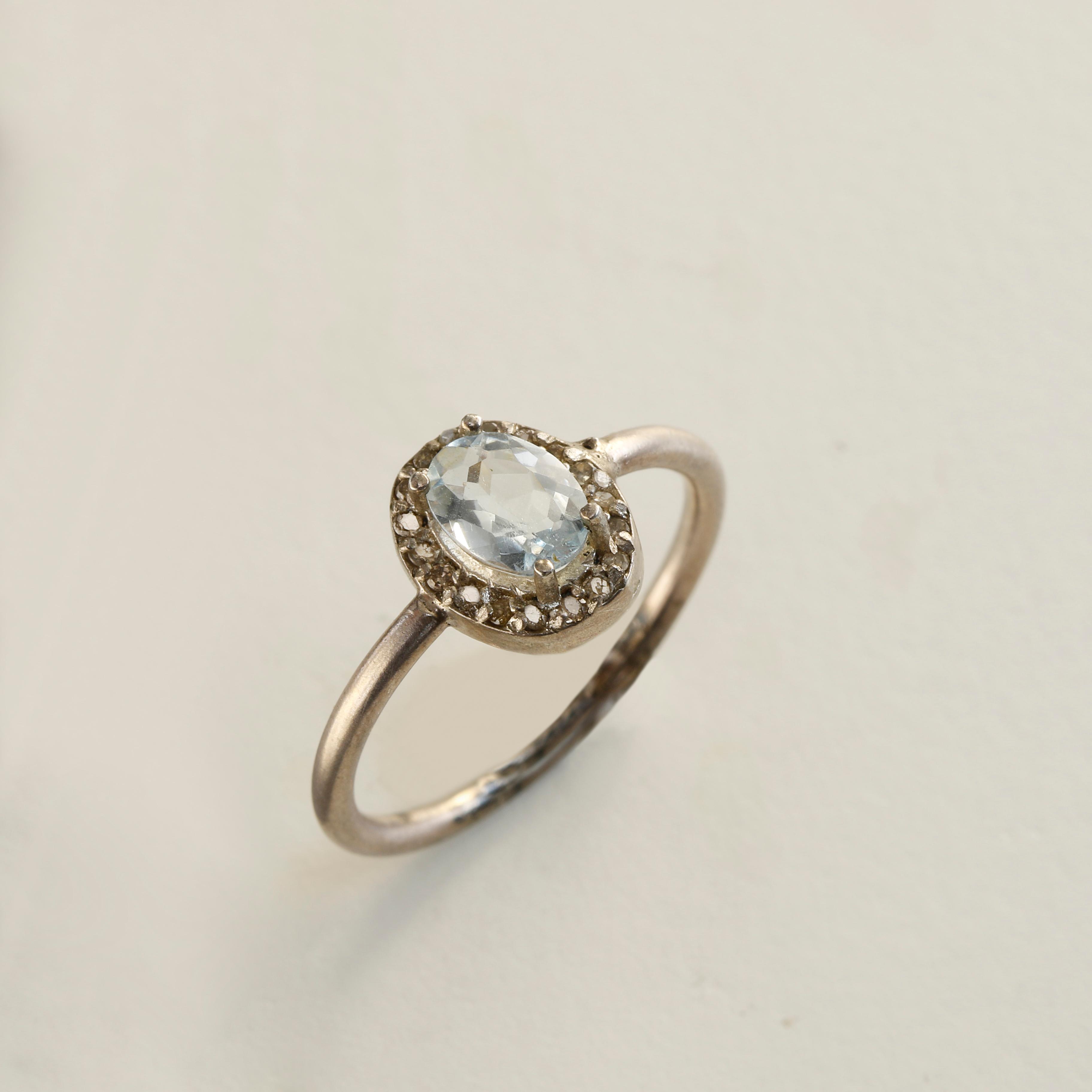Aquamarine Elmas Kaplı Yuvarlak Kesim 925 Ayar Gümüş Yüzük