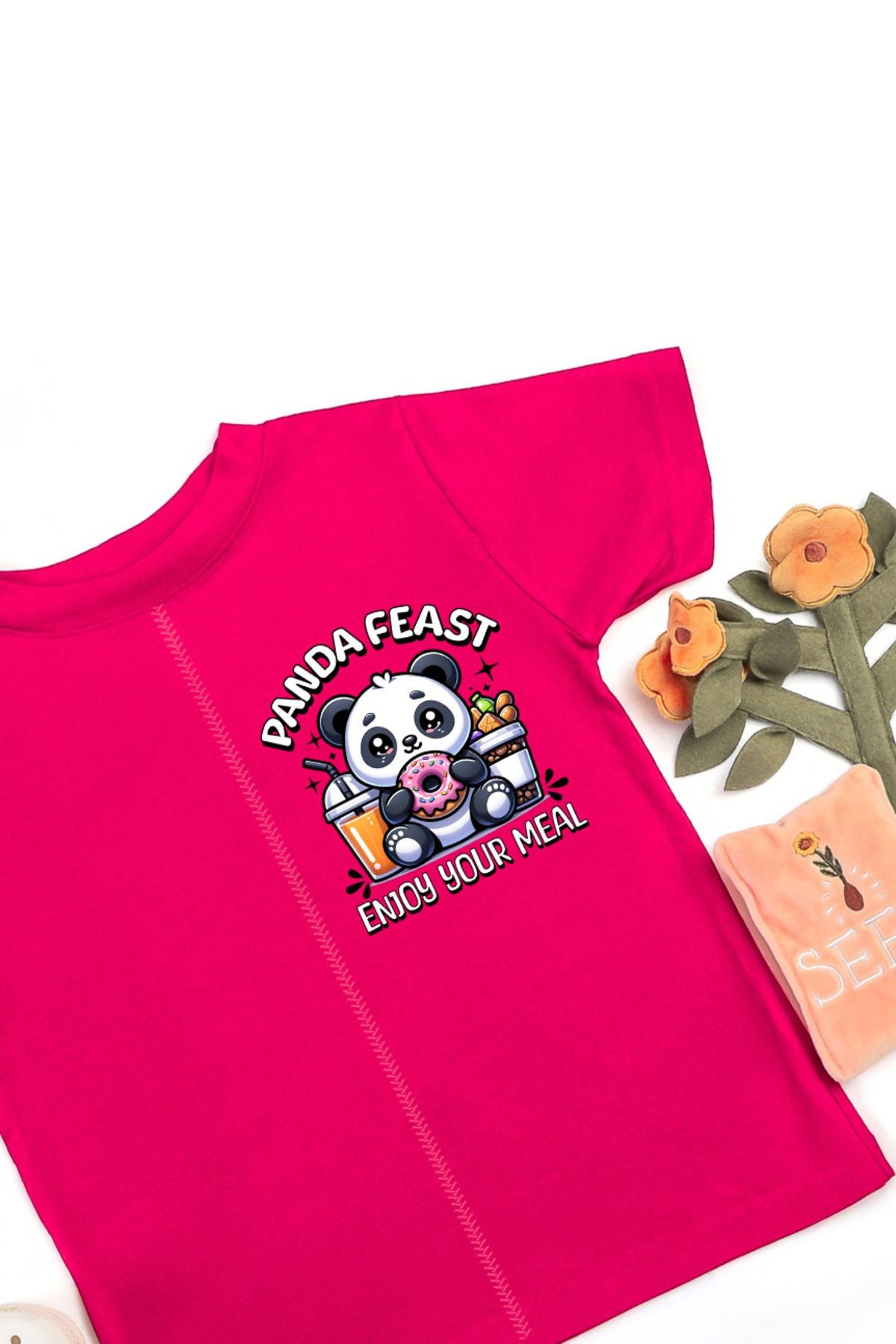 Kız Çocuk Kawai Panda Baskılı Kısa Kol Önü ve Arkası Dikiş Detaylı Pamuklu Rahat Kalıp T-Shirt
