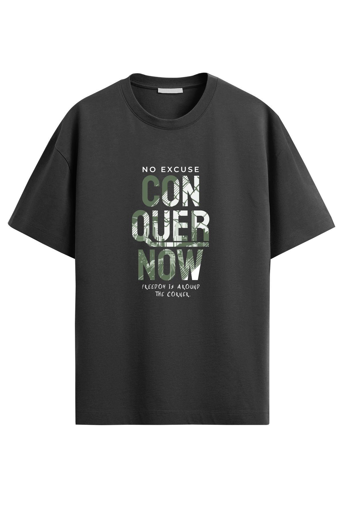 Unisex Conquer Now Baskılı Siyah T-Shirt