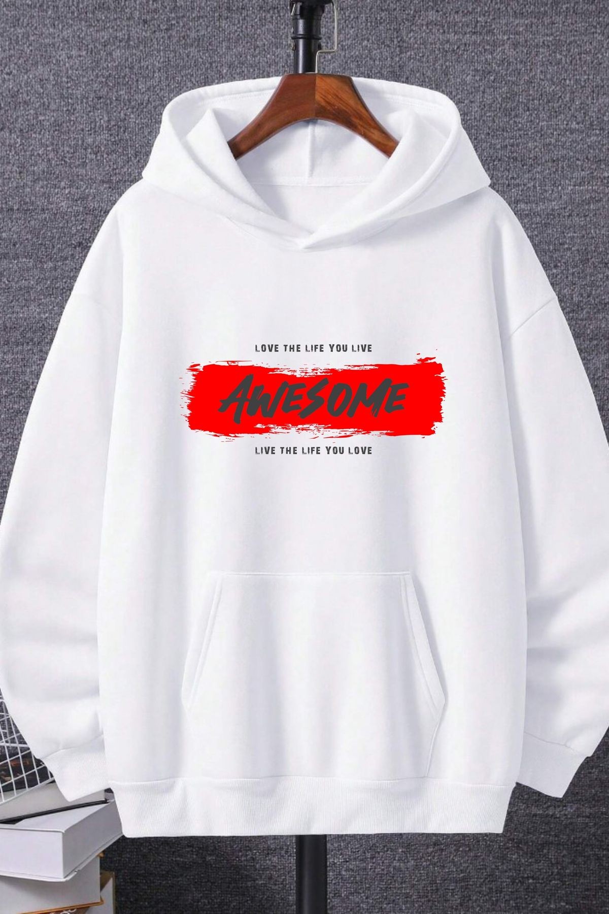Avesome Baskılı Kapşonlu Kanguru Cepli Beyaz Sweatshirt