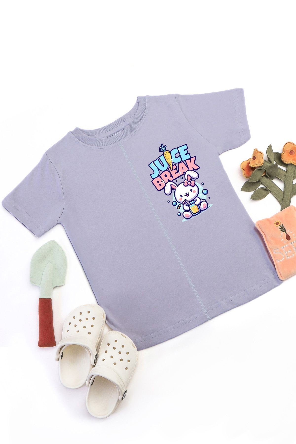 Kız Çocuk Kawai Sevimli Tavşan Baskılı Kısa Kol Pamuklu Rahat Kalıp T-Shirt