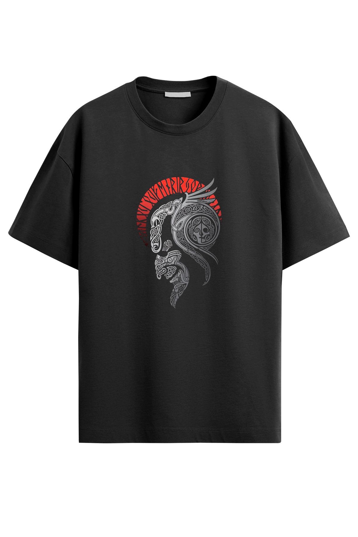 Unisex Viking Temalı Baskılı Siyah T-Shirt