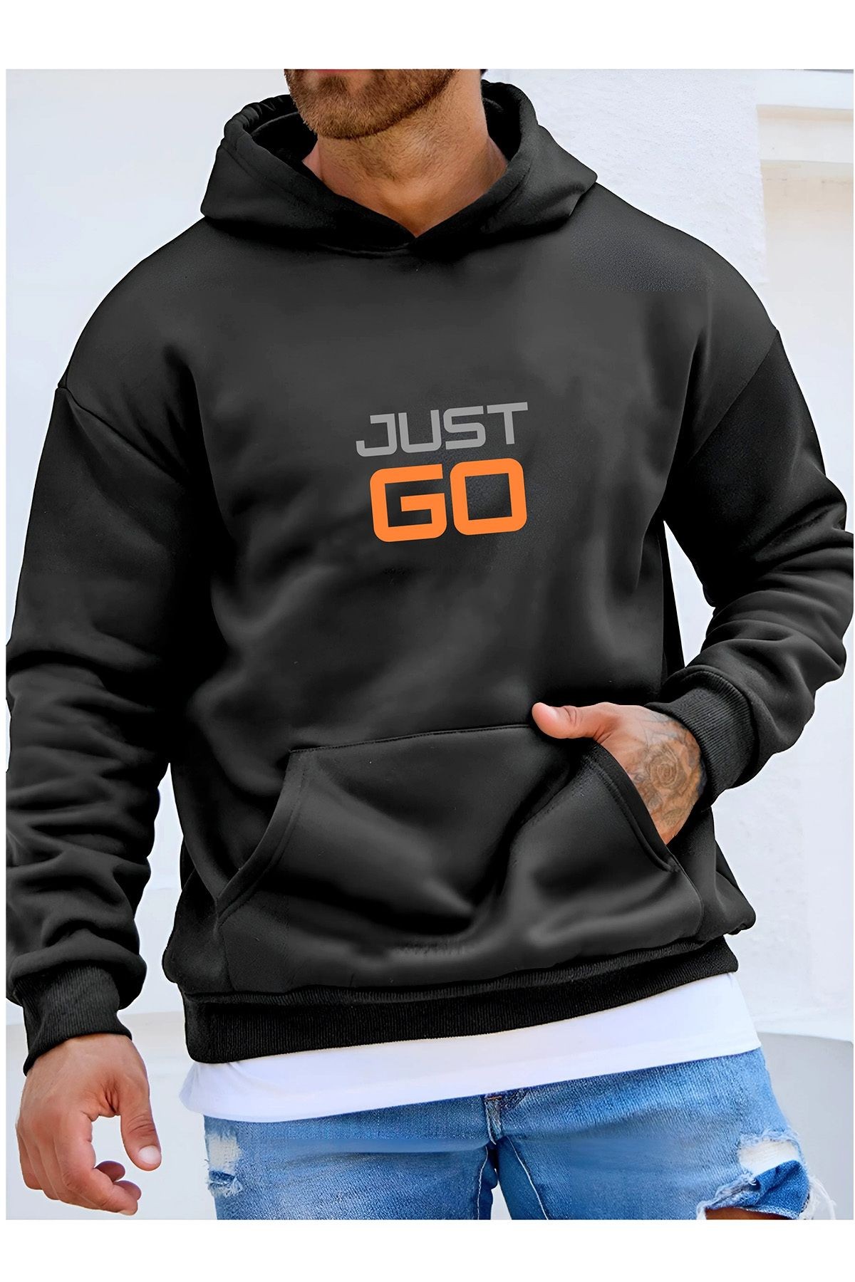 Erkek Kapüşonlu Kanguru Cepli Just Go Baskılı Sweatshirt