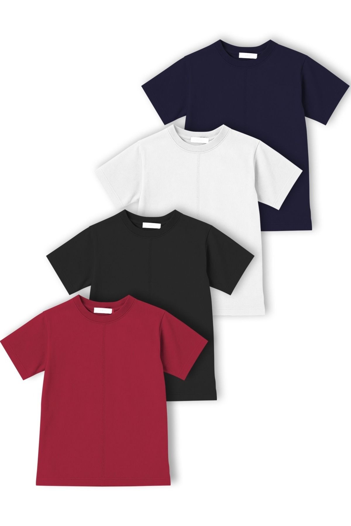 Çocuk Unisex Kısa Kol Önü ve Arkası Dikiş Detaylı T-Shirt Kız/Erkek Dörtlü Paket