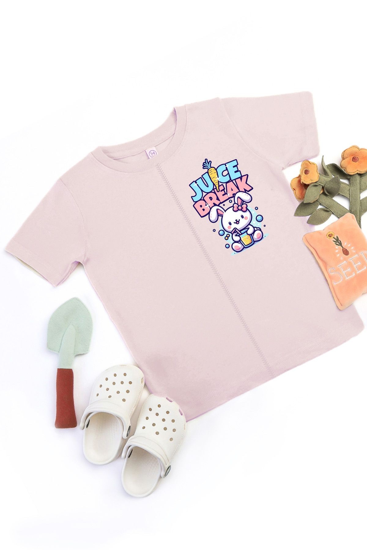 Kız Çocuk Kawai Sevimli Tavşan Baskılı Kısa Kol Pamuklu Rahat Kalıp T-Shirt