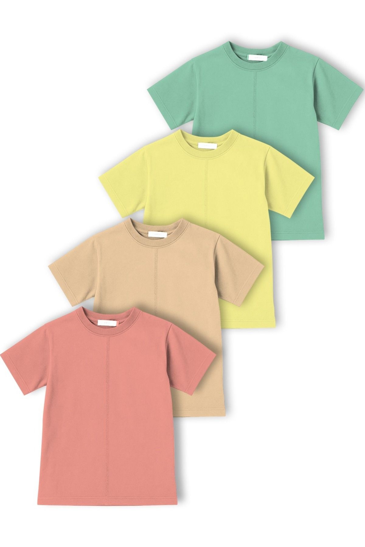 Çocuk Unisex Kısa Kol Önü ve Arkası Dikiş Detaylı T-Shirt Kız/Erkek Dörtlü Paket