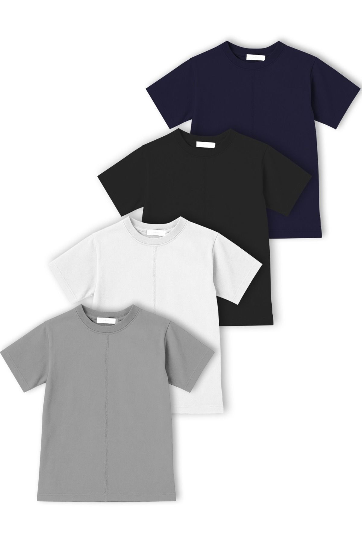 Çocuk Unisex Kısa Kol Önü ve Arkası Dikiş Detaylı T-Shirt Kız/Erkek Dörtlü Paket