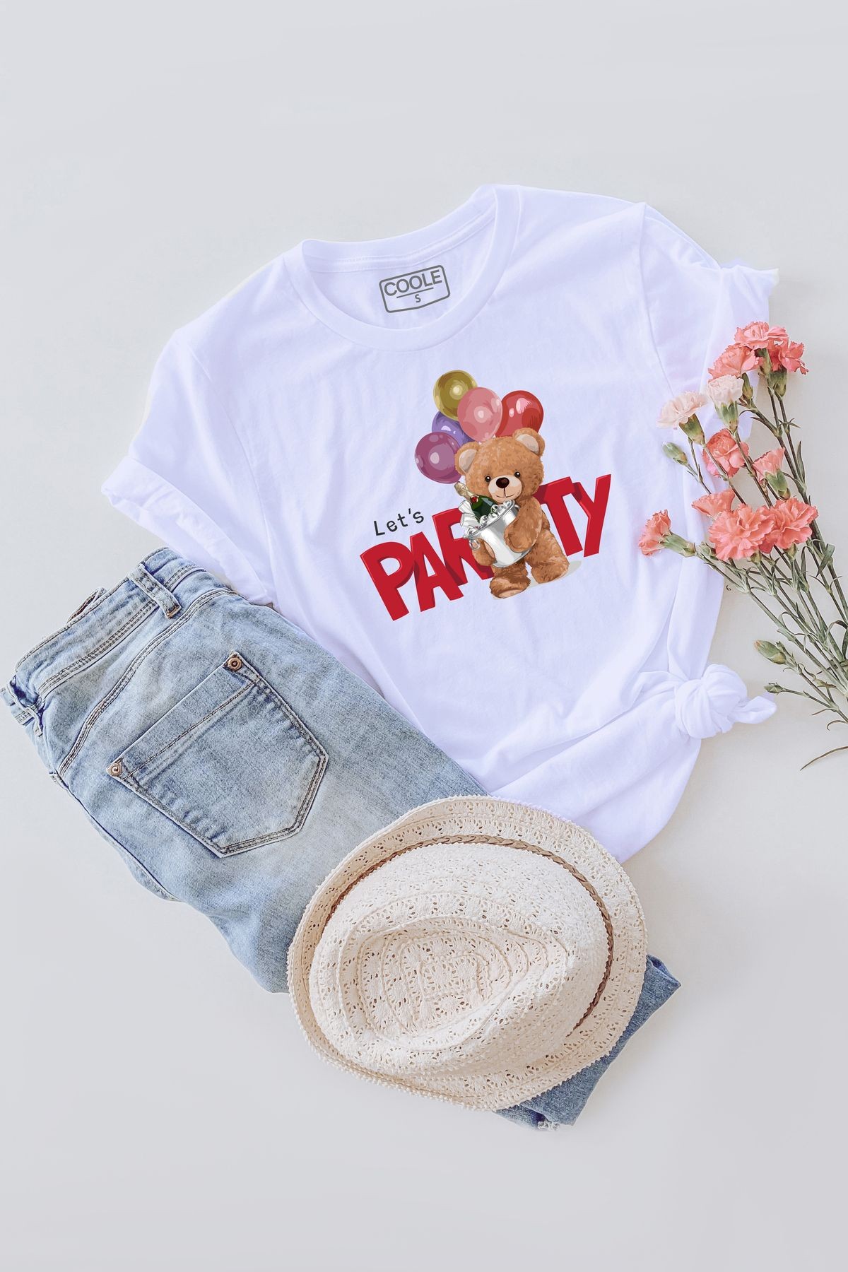 Kadın Let's Party Ayıcık Baskılı Kısa Kol Bisiklet Yaka T-Shirt