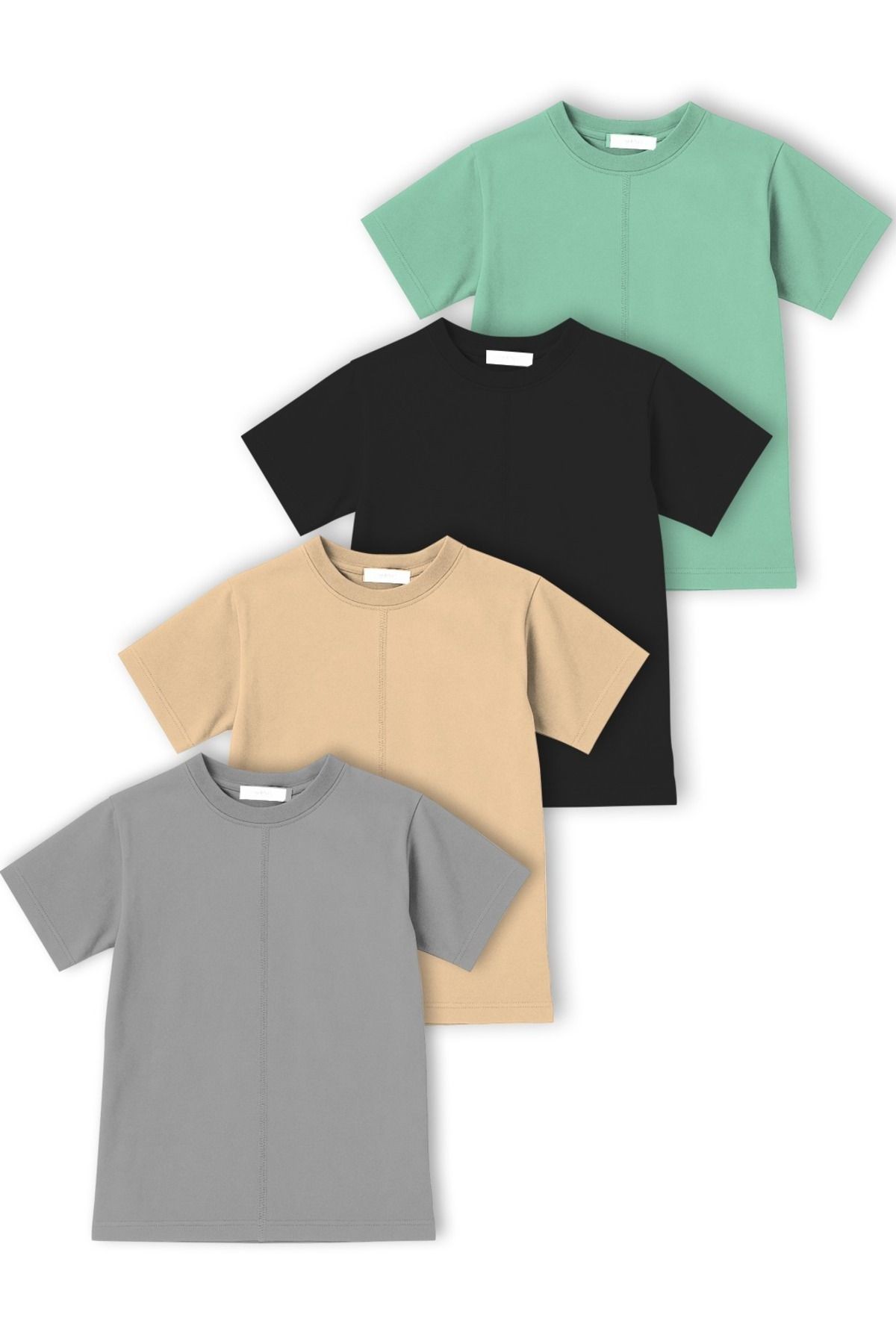Çocuk Unisex Kısa Kol Önü ve Arkası Dikiş Detaylı T-Shirt Kız/Erkek Dörtlü Paket