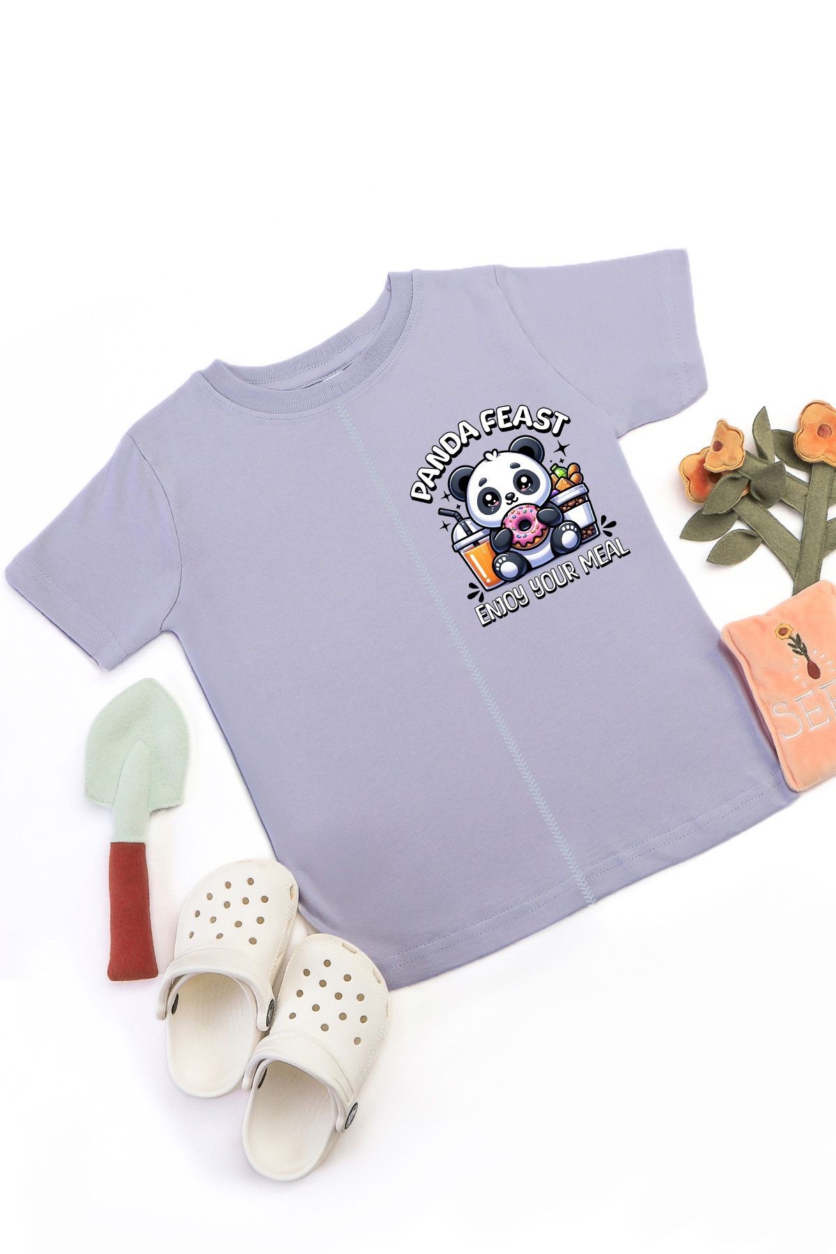 Kız Çocuk Kawai Panda Baskılı Kısa Kol Önü ve Arkası Dikiş Detaylı Pamuklu Rahat Kalıp T-Shirt