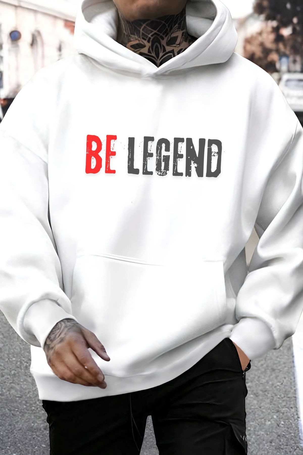 Erkek Kapüşonlu Kanguru Cepli Be Legend Baskılı Sweatshirt