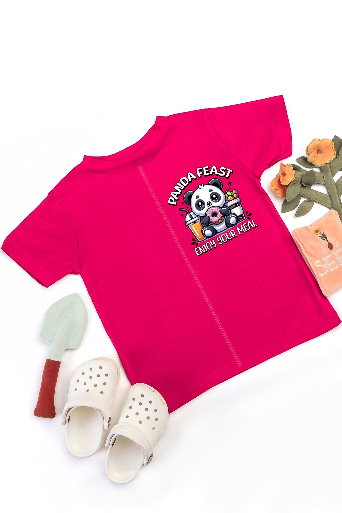 Kız Çocuk Kawai Panda Baskılı Kısa Kol Önü ve Arkası Dikiş Detaylı Pamuklu Rahat Kalıp T-Shirt