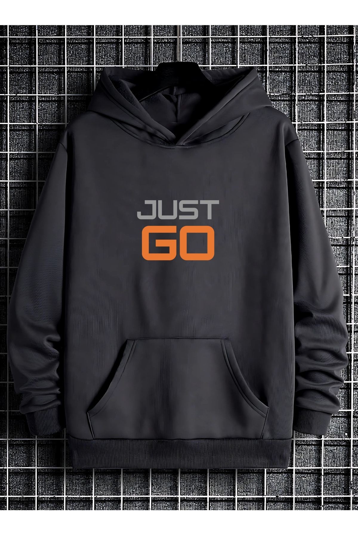 Erkek Kapüşonlu Kanguru Cepli Just Go Baskılı Sweatshirt