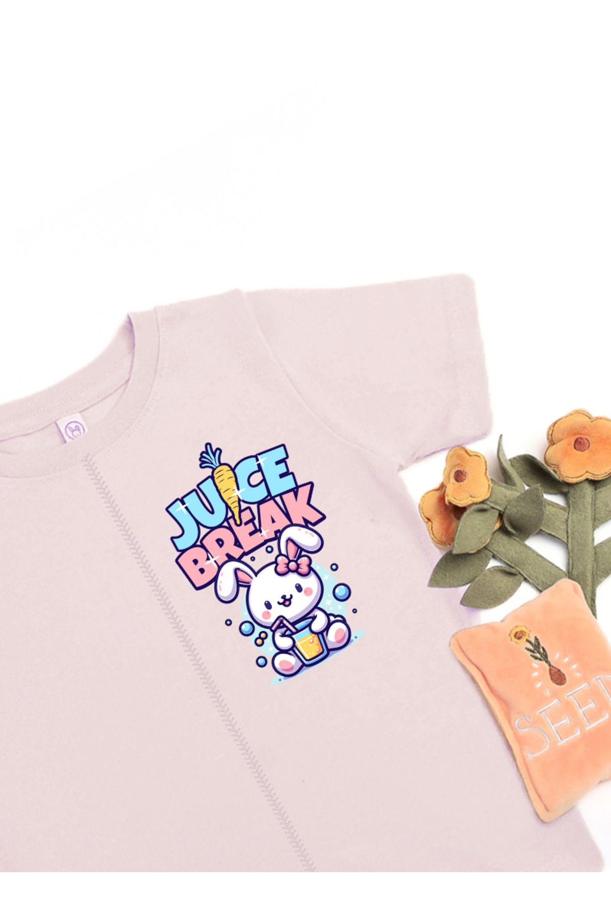 Kız Çocuk Kawai Sevimli Tavşan Baskılı Kısa Kol Pamuklu Rahat Kalıp T-Shirt