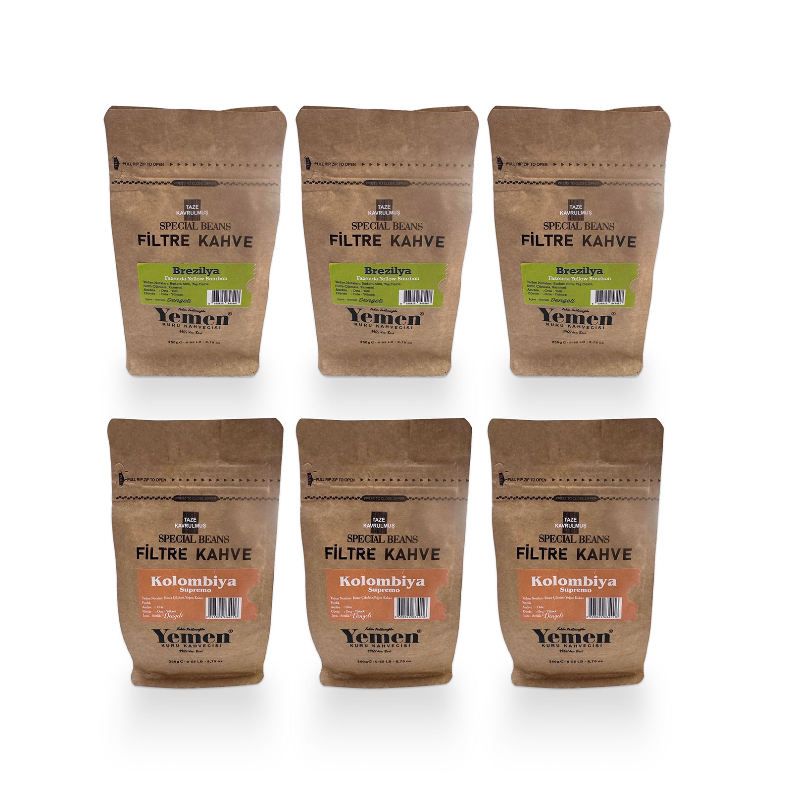 3 Brezilya + 3 Kolombiya Filtre Kahve - 250 gr x 6 - Yemen Kuru Kahvecisi