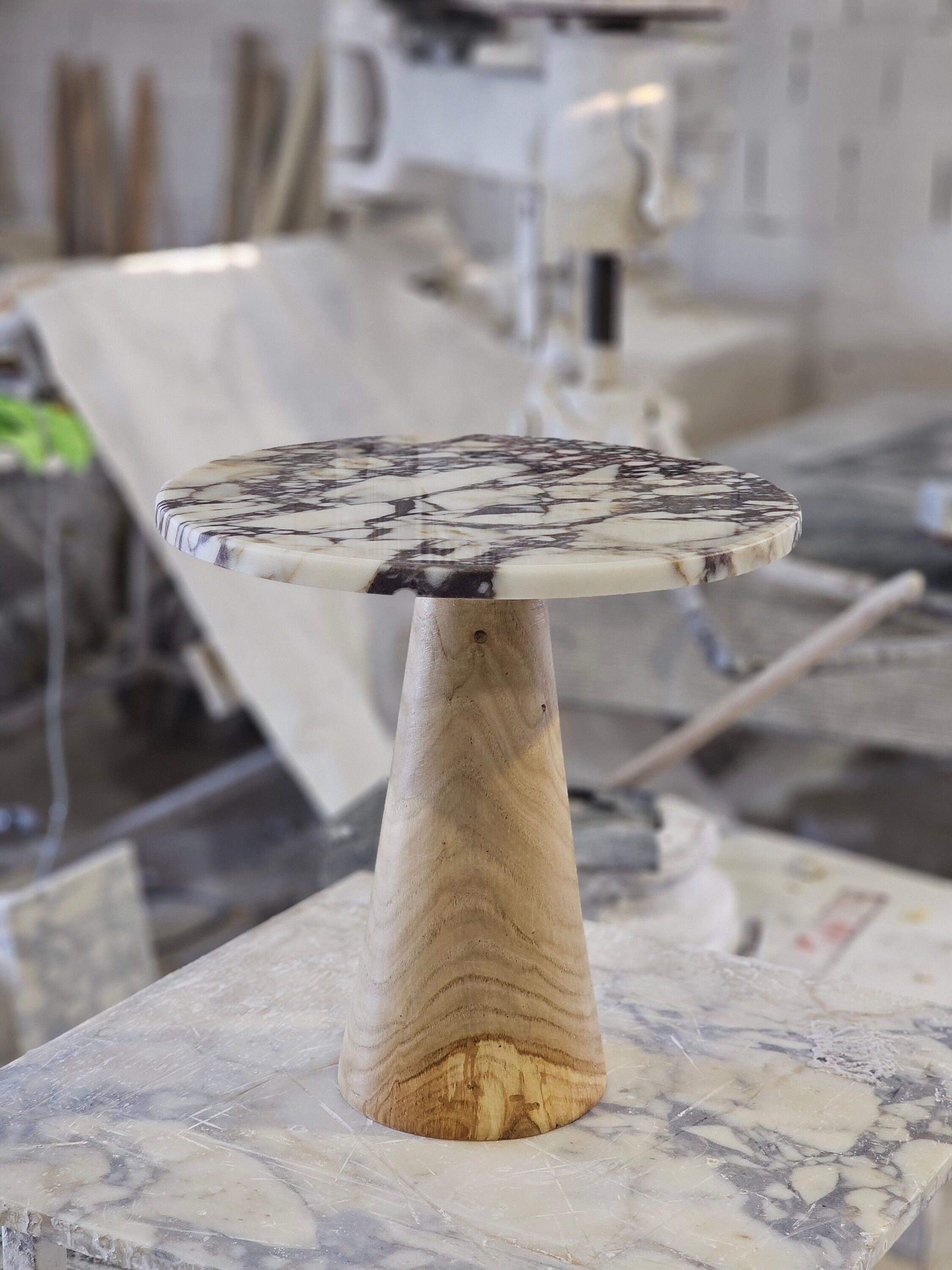 Calacatta viola or Travertine Side table model with wooden legs 