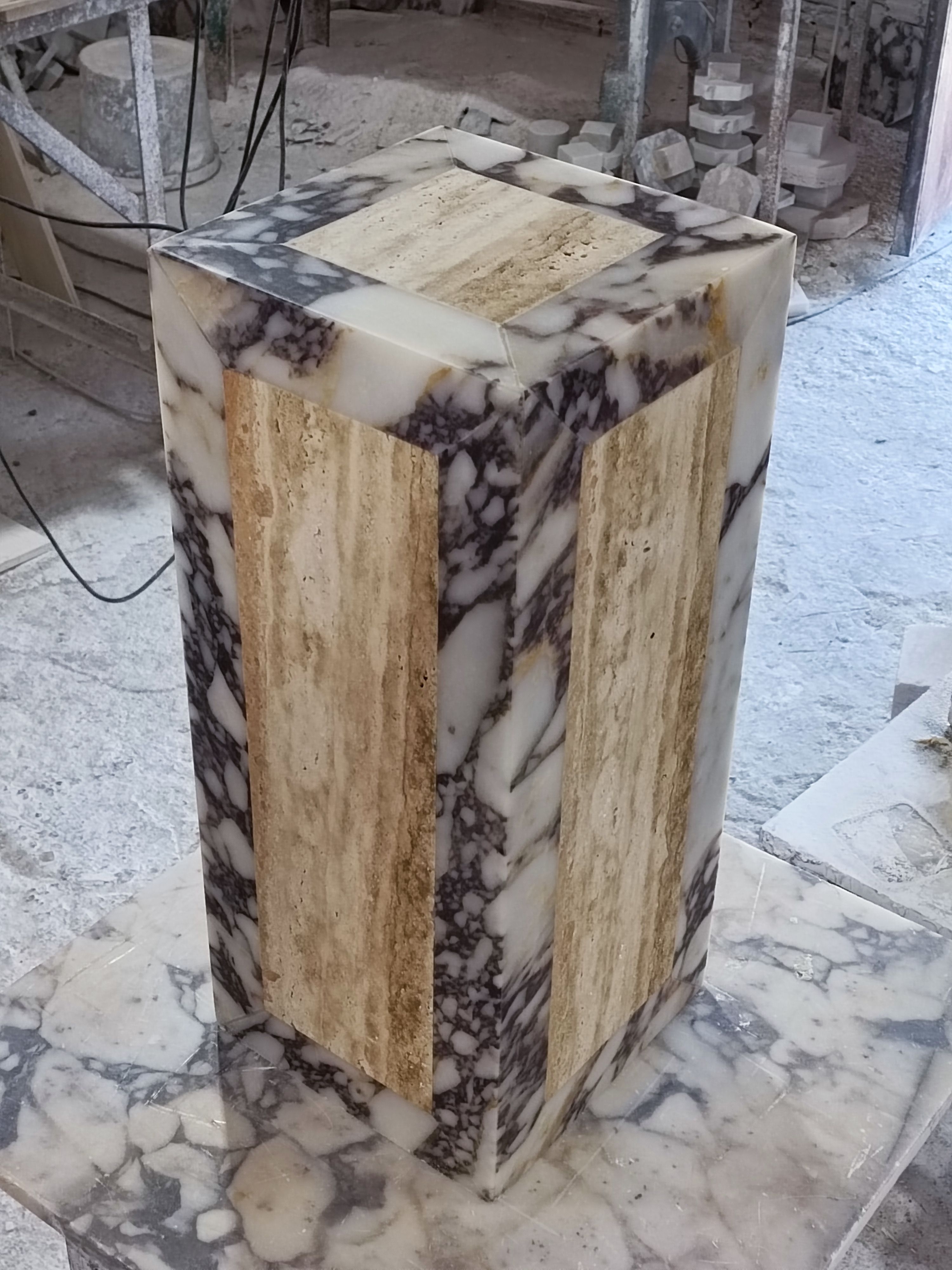 Cube Coffee Table Made of Double Color Marble and Travertine 