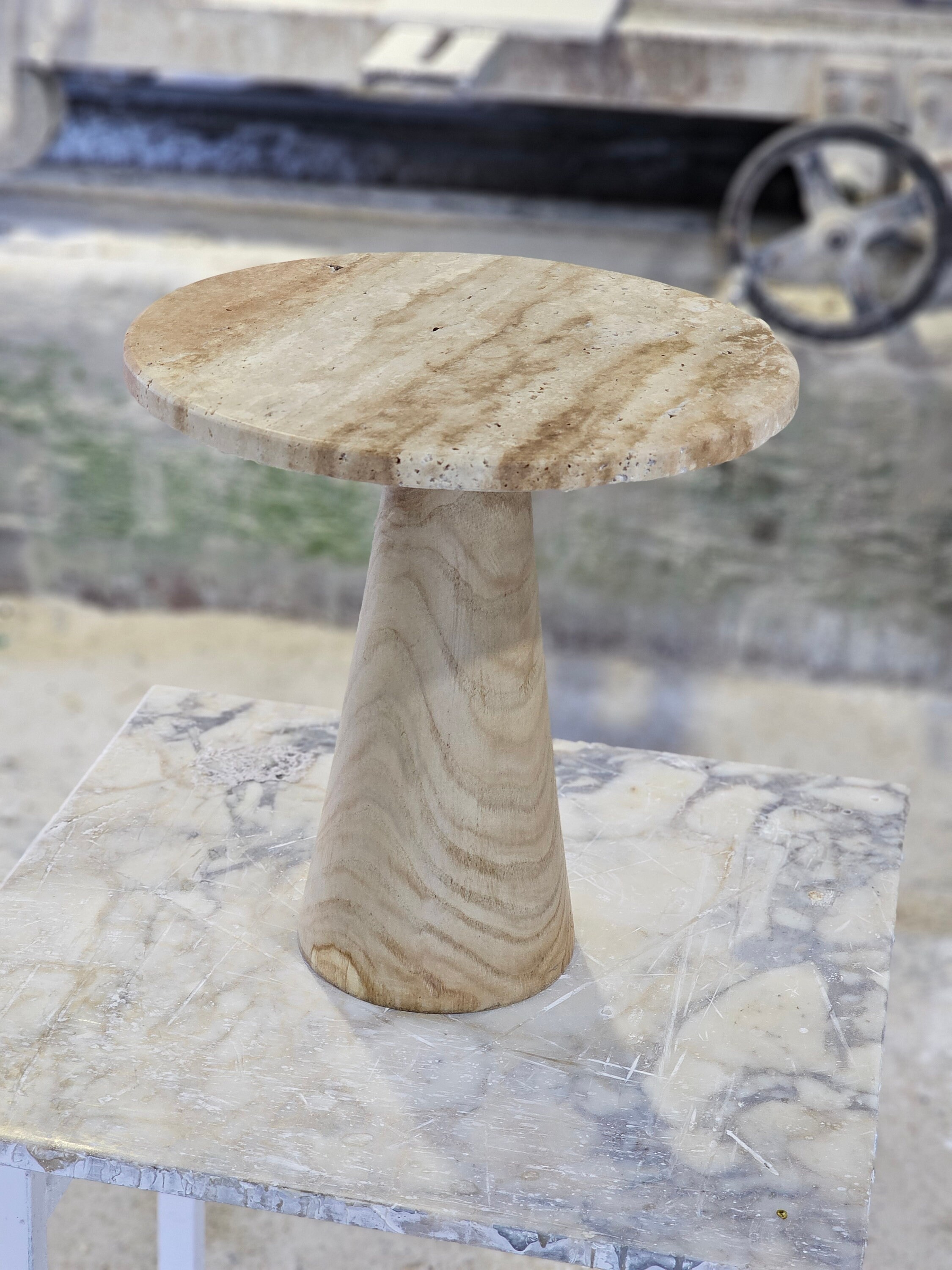 Calacatta viola or Travertine Side table model with wooden legs 