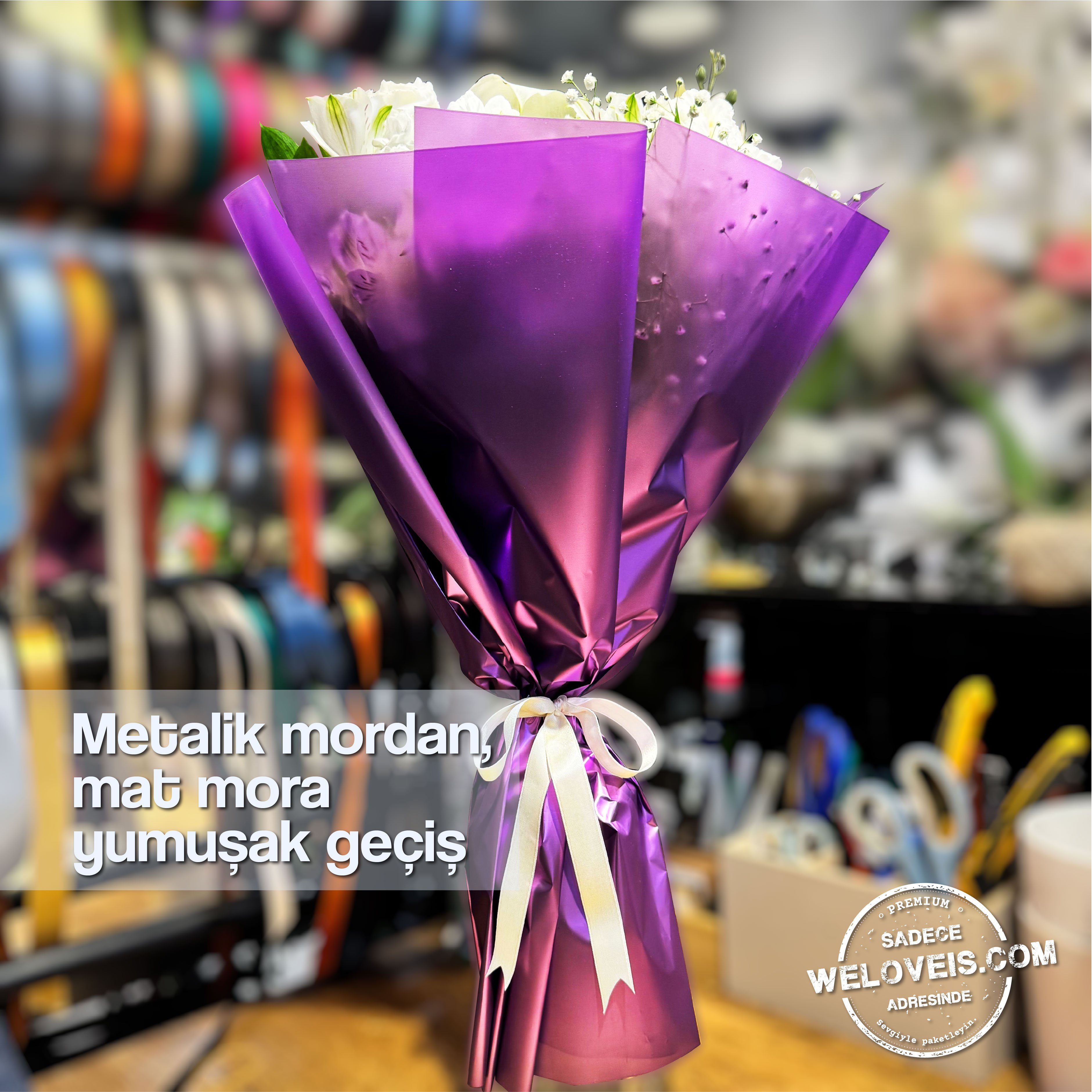 Metalik Degrade Mat Mor Çiçek Buket Kağıdı-55x55cm-20 Sayfa