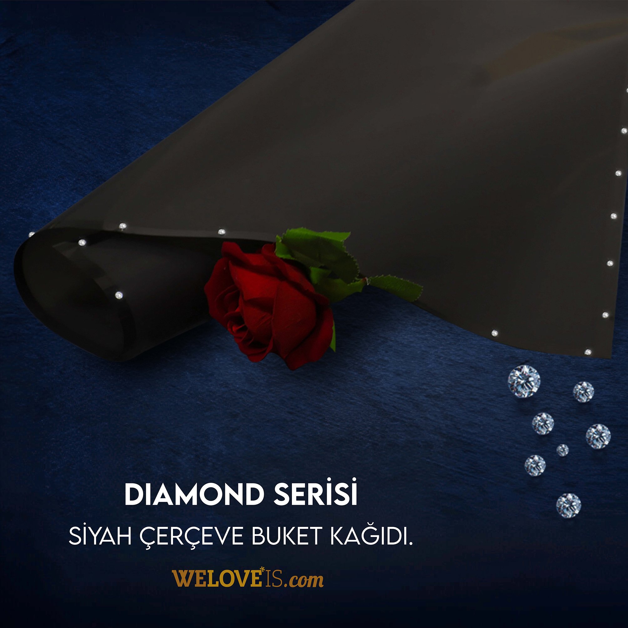 Diamond Serisi-Taşlı Kenar Çerçeveli Siyah Renk-Çiçek Buket Kağıdı