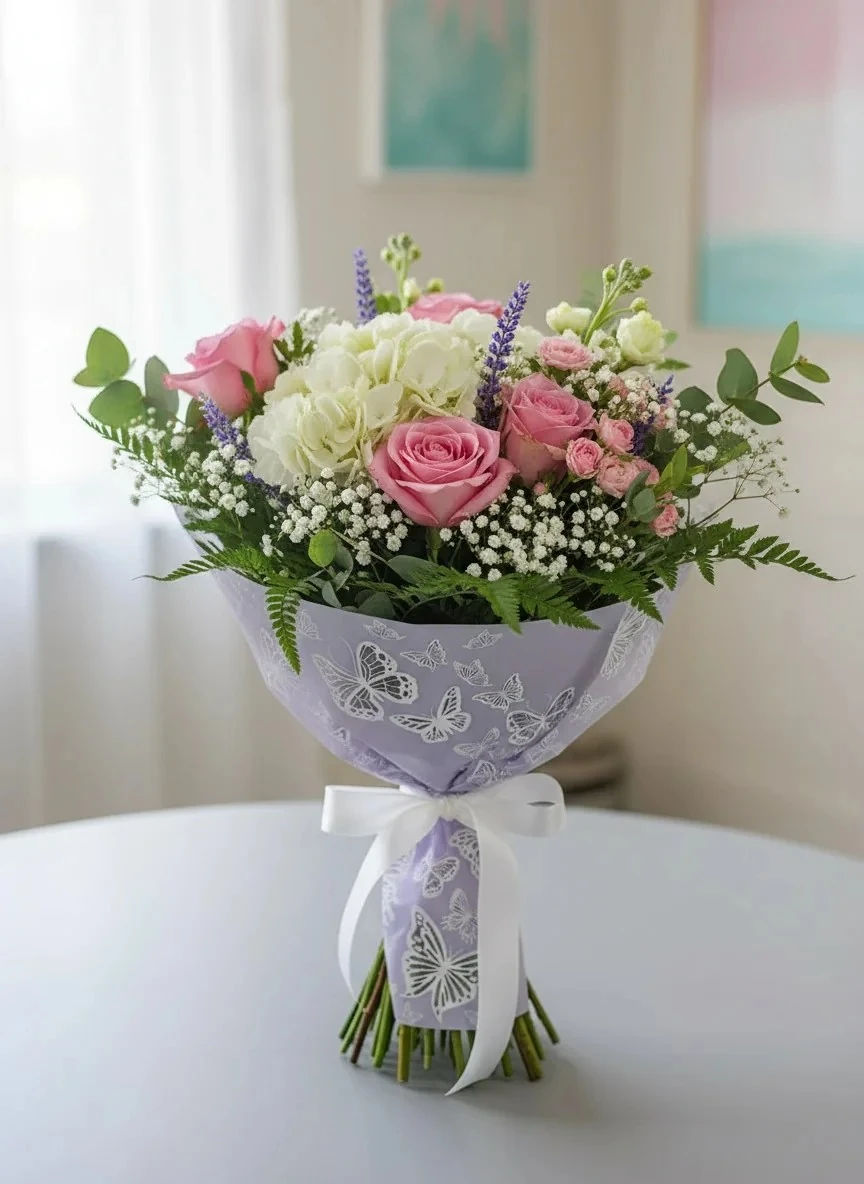 Kelebek Tasarımlı - Lila Renk - Çiçek Buket Kağıdı - Mat Opp - 55x55cm - 20Sayfa