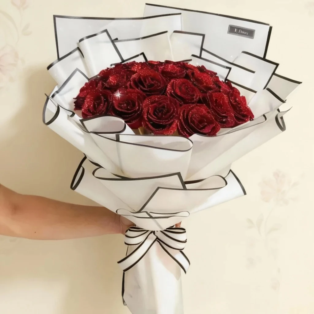 Siyah Kenarlı Çerçeve Beyaz Zemin Çiçek Buket Kağıdı-Mat Opp-20Sayfa-55x55cm