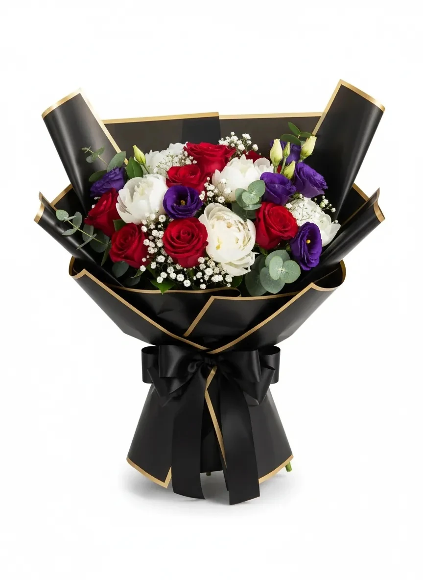 Siyah Zemin Altın Çerçeve Çiçek Buket Kağıdı-Mat Opp- 55x55cm-20Saya