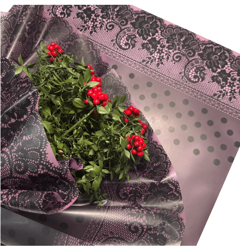 ''Dantel'' Desenli Pembe&Siyah Renkli Çiçek Buket Kağıdı-Mat Opp-55x55cm-(1 Paket-20Sayfa)