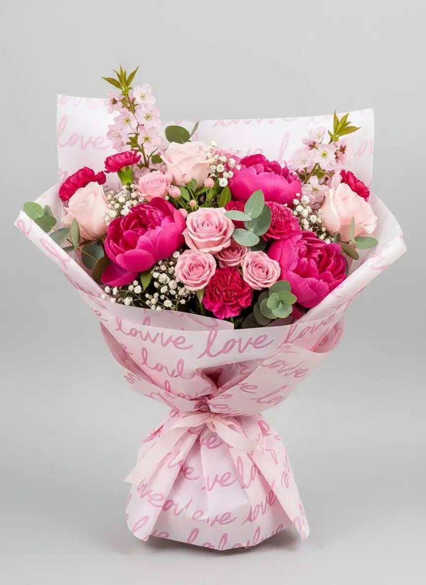Love Tasarımlı Çiçek Buket Kağıdı-Pembe Renk-56x56cm-20 Adet