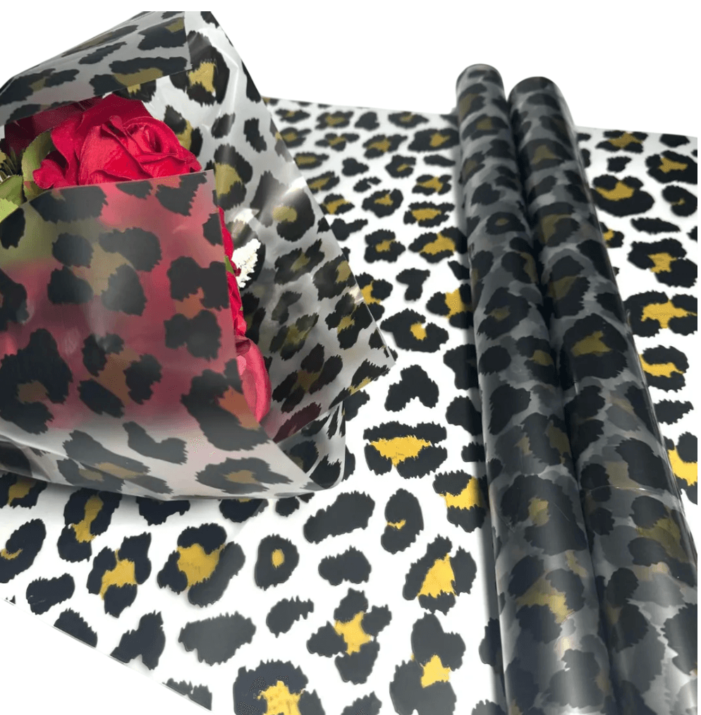 Leopar Desenli-Kahverengi&Siyah Çiçek Buketi Kağıdı Mat Opp-55x55cm-(1 Paket-20 Sayfa)