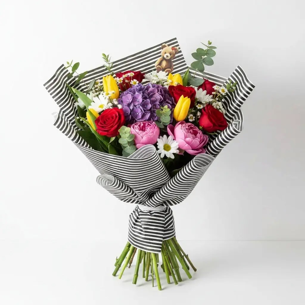 Ayıcık desenli - çizgili Çiçek Buket kâğıdı - Hediye kâğıdı - ambalaj kâğıdı- Buket kâğıdı 50mic mat porlize-55x55cm-20sayfa