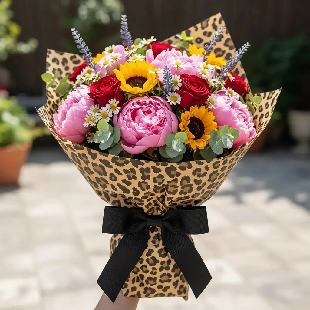 Leopar Desenli Çiçek Buket Kağıdı Virgin Kraft Kağıt-40gr-20Sayfa-55x55cm