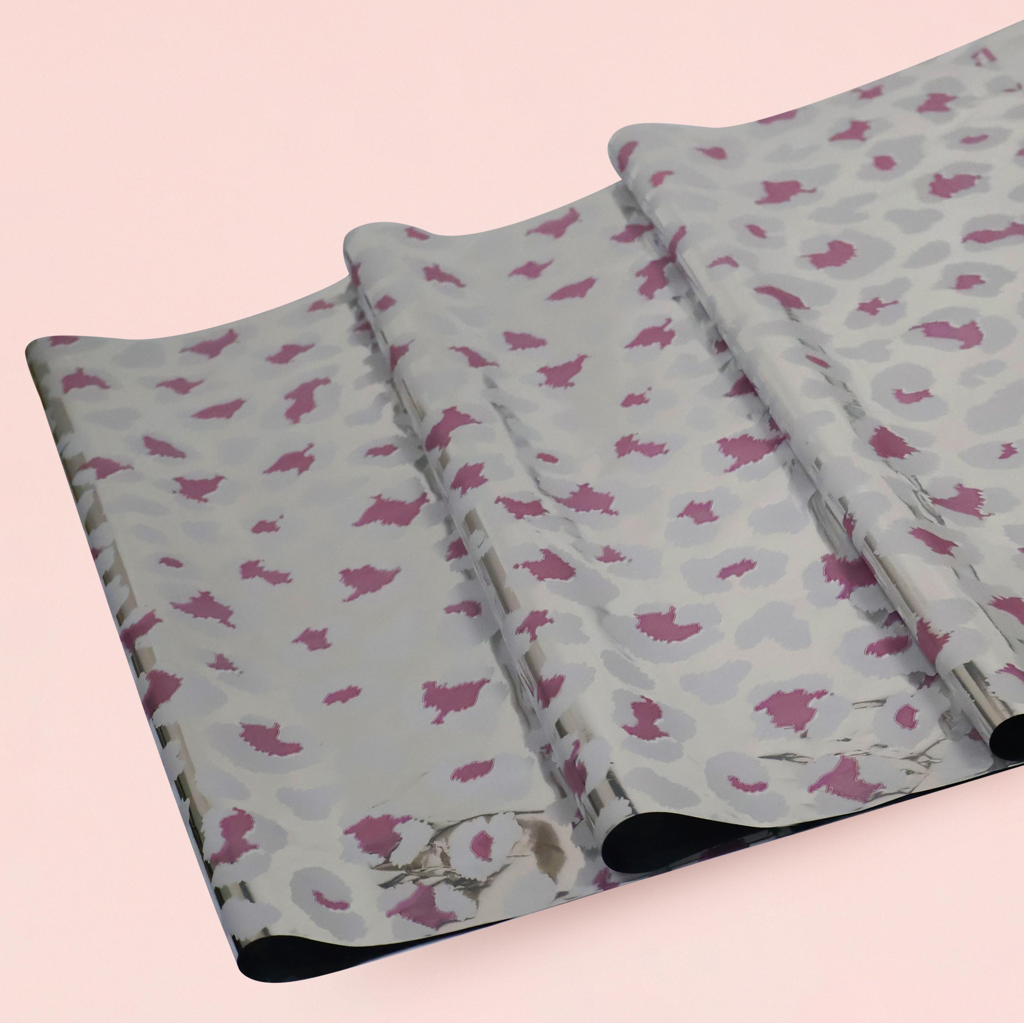 Lüks Metalize Leopar Desenli Pembe&beyaz Renk Hediye Paketleme Kağıdı-55x55cm-0,28mic Ince-20sayfa