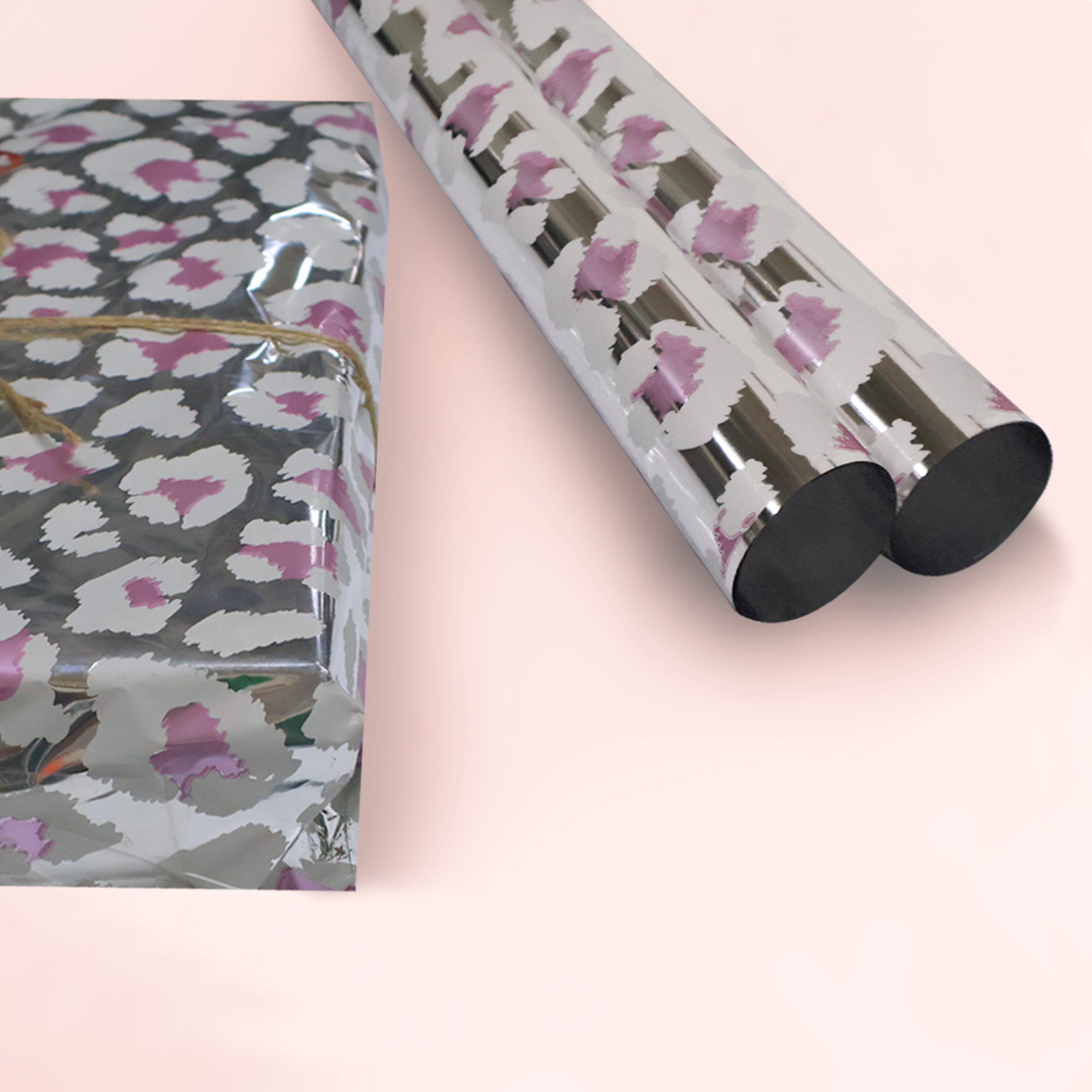 Lüks Metalize Leopar Desenli Pembe&beyaz Renk Hediye Paketleme Kağıdı-55x55cm-0,28mic Ince-20sayfa