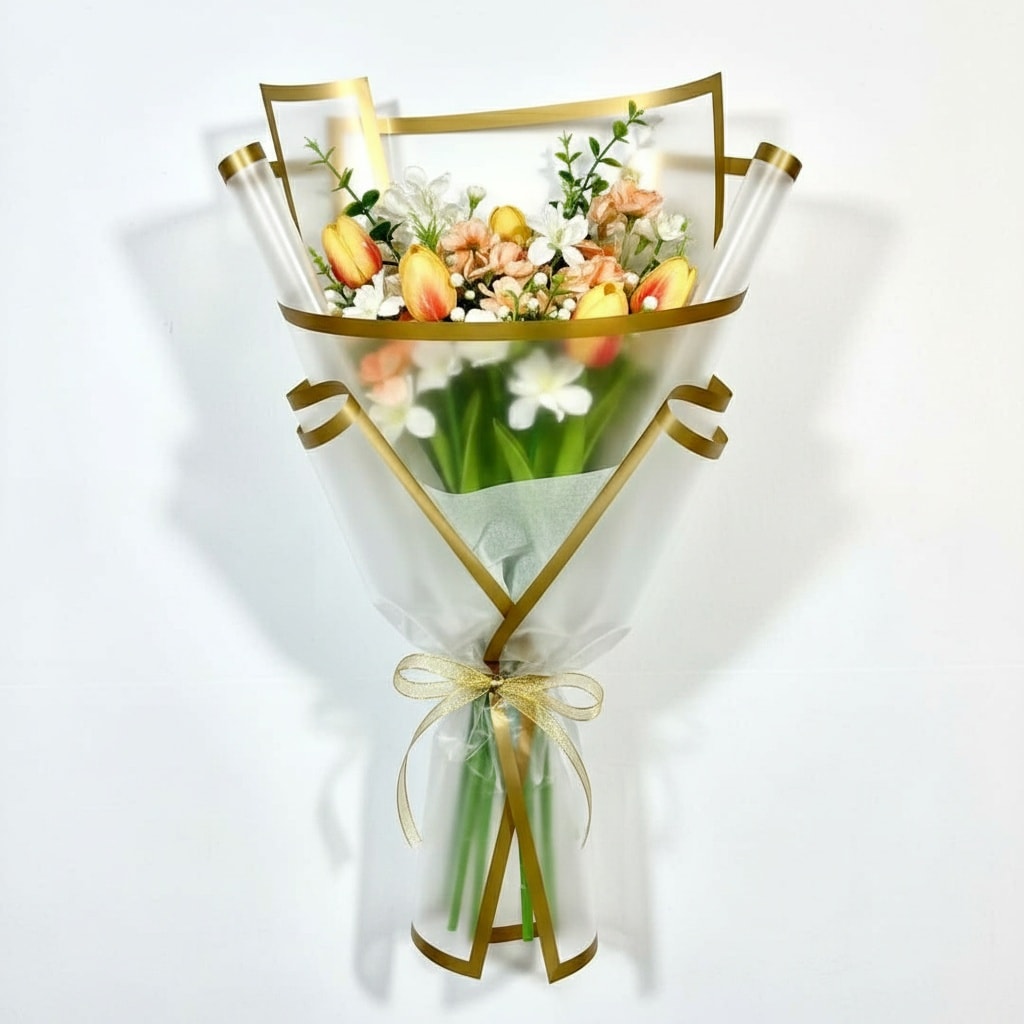 Altın Kenarlı Çerçeve Şeffaf Zemin Çiçek Buket Kağıdı Mat Opp 55x55 cm-20 Sayfa